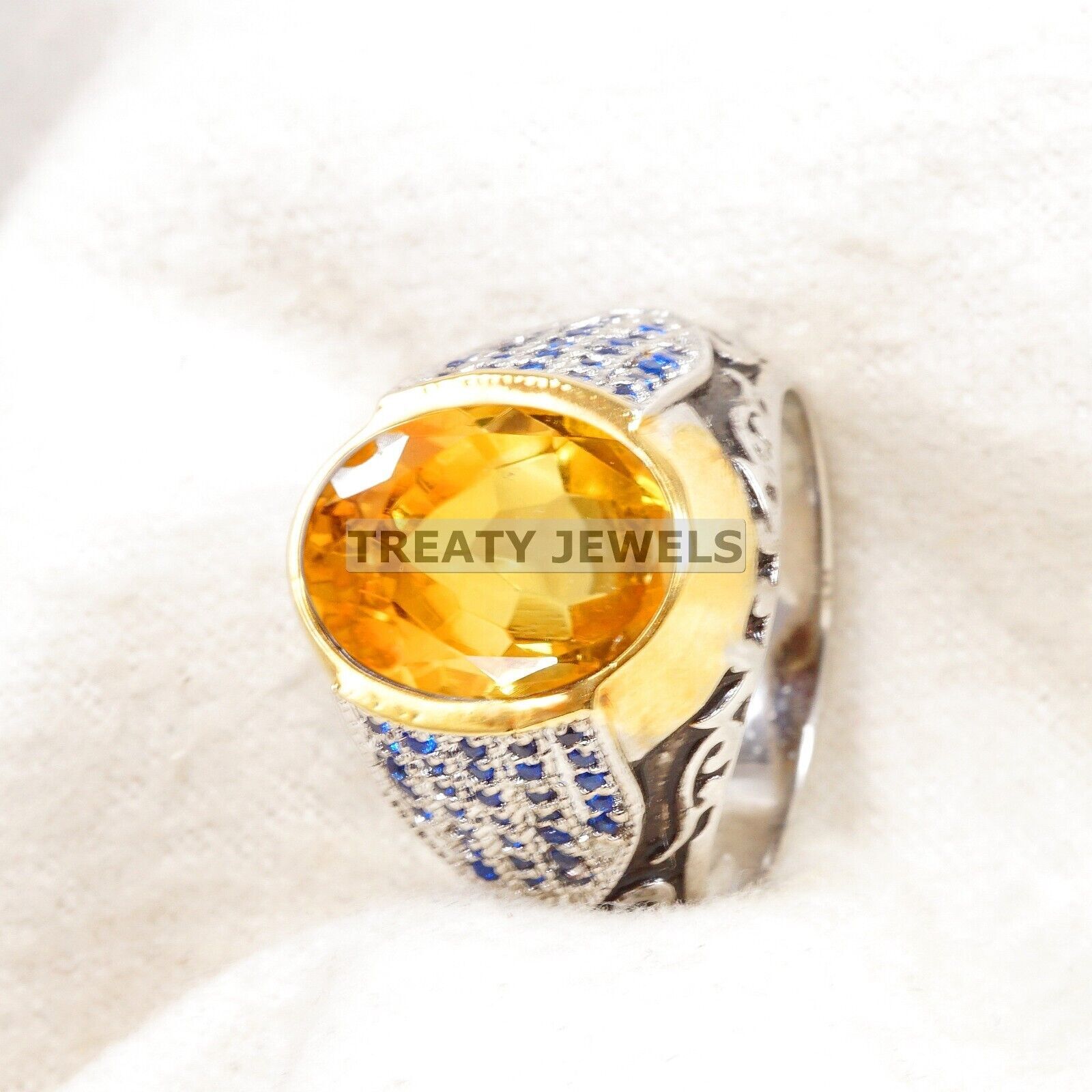 Citrine Oval Cut Gemstone With 14K Solid White Gold Ring For Men's #A996
