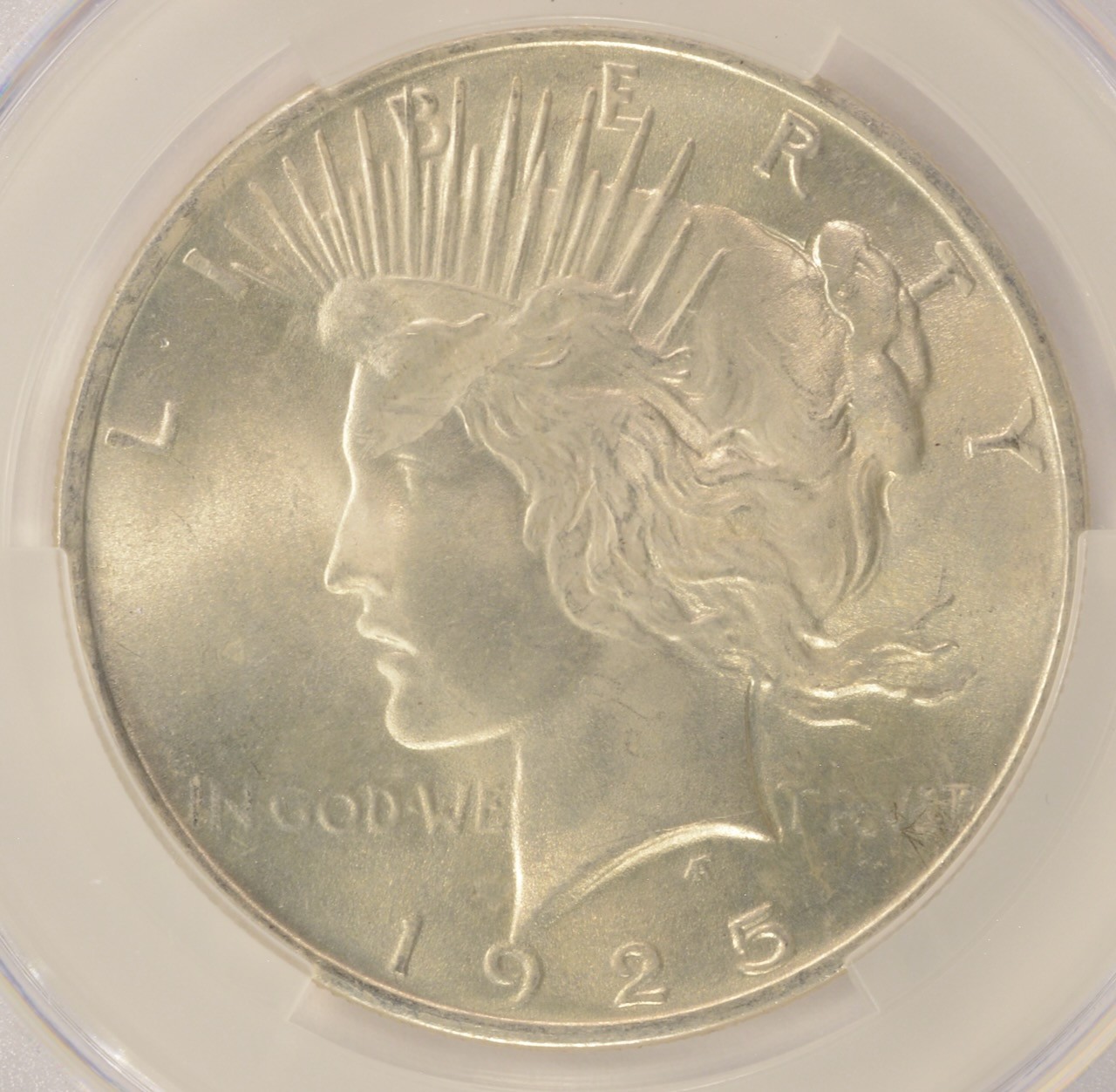 1925 $1 Peace Dollar Struck Thru Obverse CACG MS64