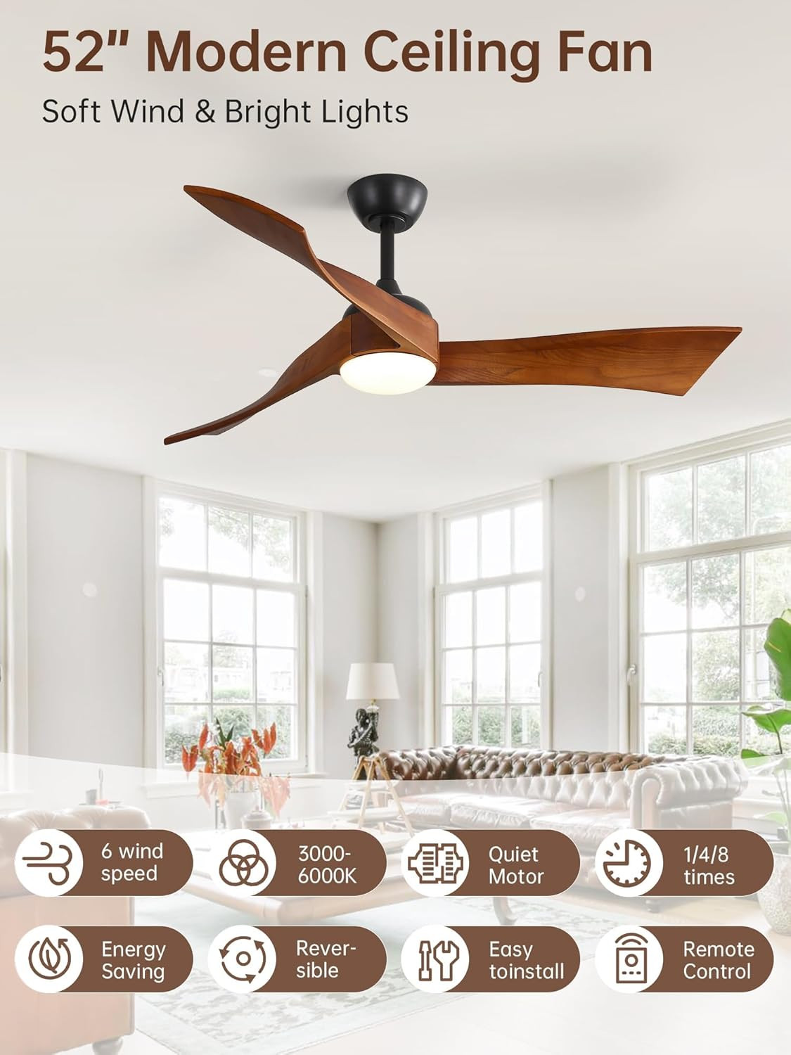 52 Inch Ceiling Fan with Light and Remote, Modern 3 Solid Wood Blades Ceiling Fa