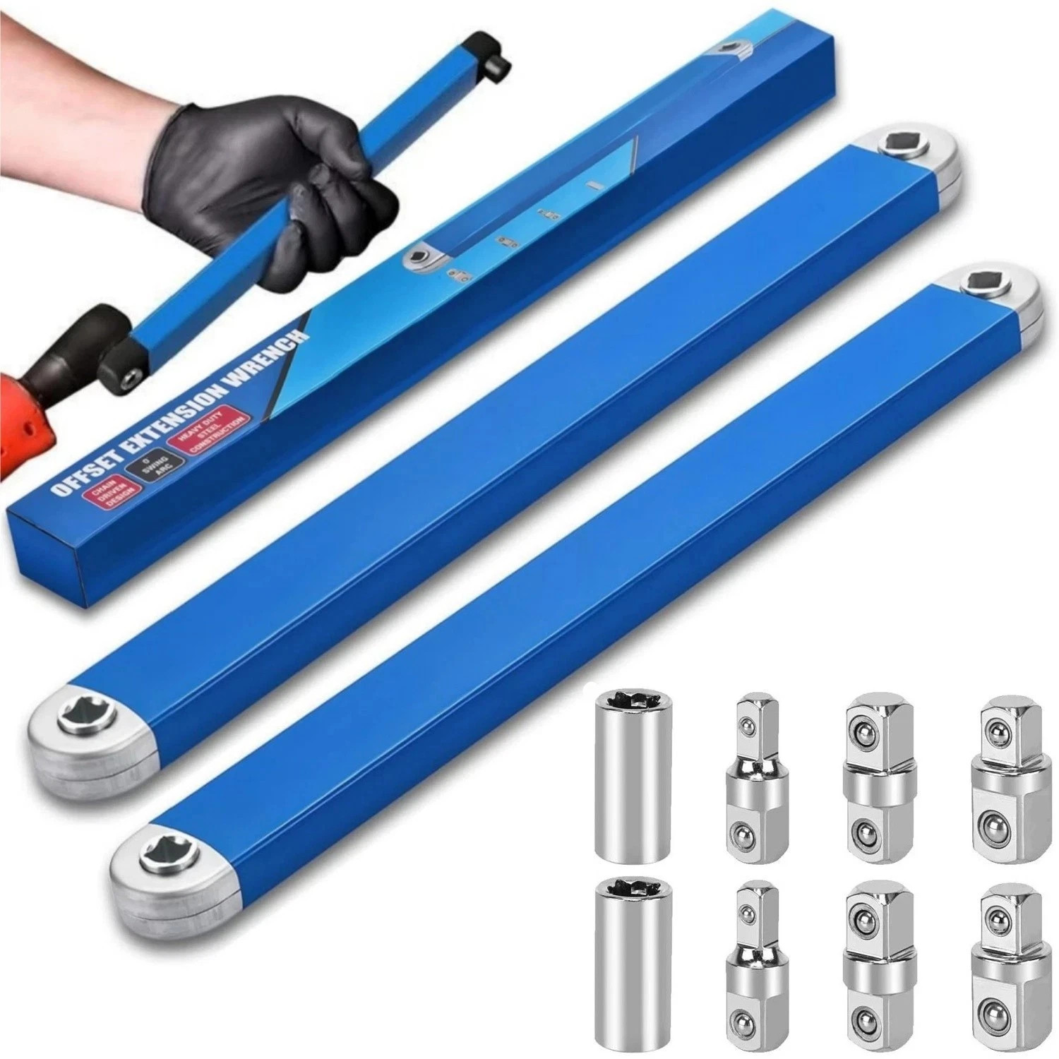 2Pack Offset Extension Wrench Set Ratchet Spanner Wrench with Extender Adapter