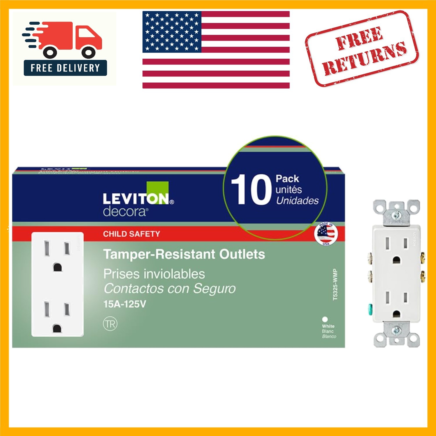 Durable 15 Amp Tamper-Resistant Electrical Outlets - 10 Pack, White Finish