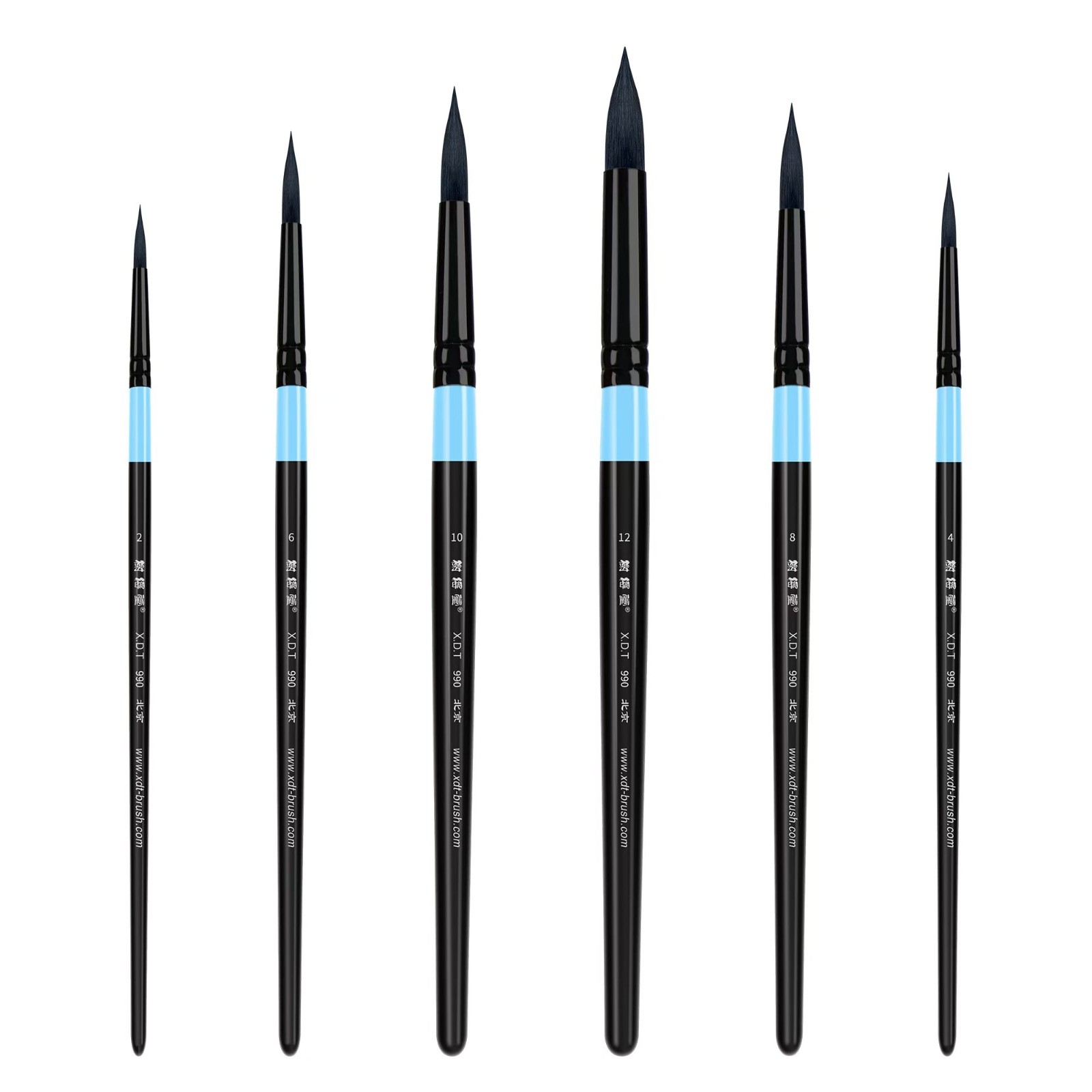 XDT#990 Round Watercolor Artist Paint Brush 6 Piece Set Soft Natural Hair