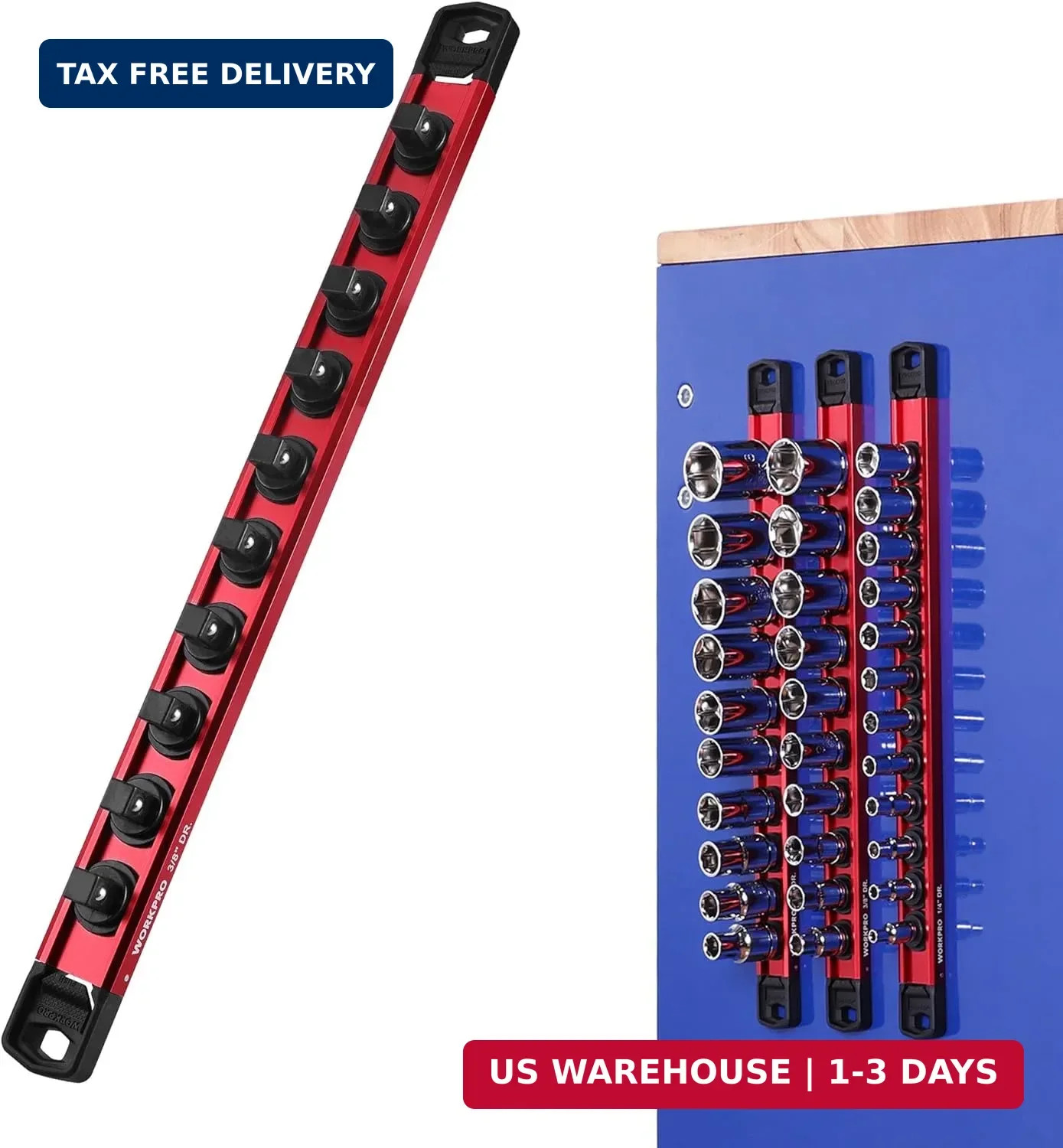 WORKPRO Magnetic Socket Organizer, 3/8" Adjustable Push-Button Socket Rail | 1 P