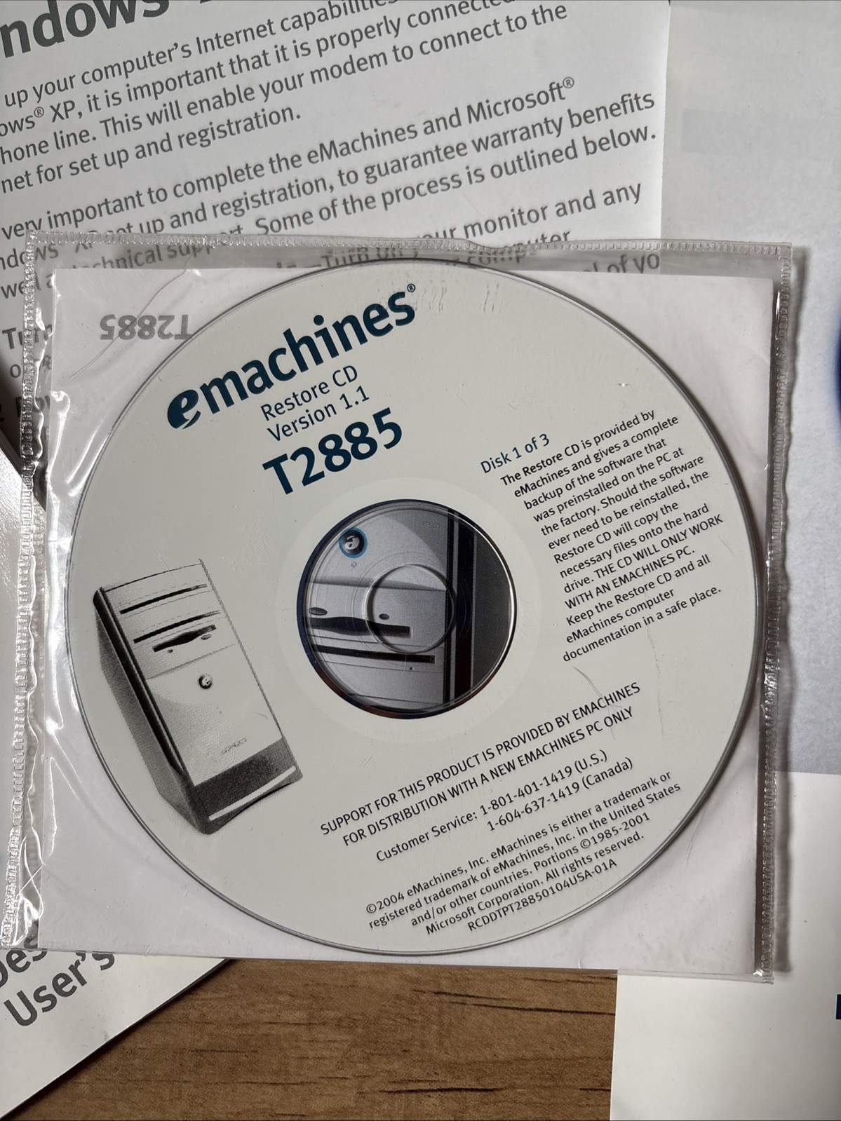 EMACHINES - T2885 PC RESTORE / BACKUP 3-DISC CD-ROM SET, SOFTWARE With Paperwork