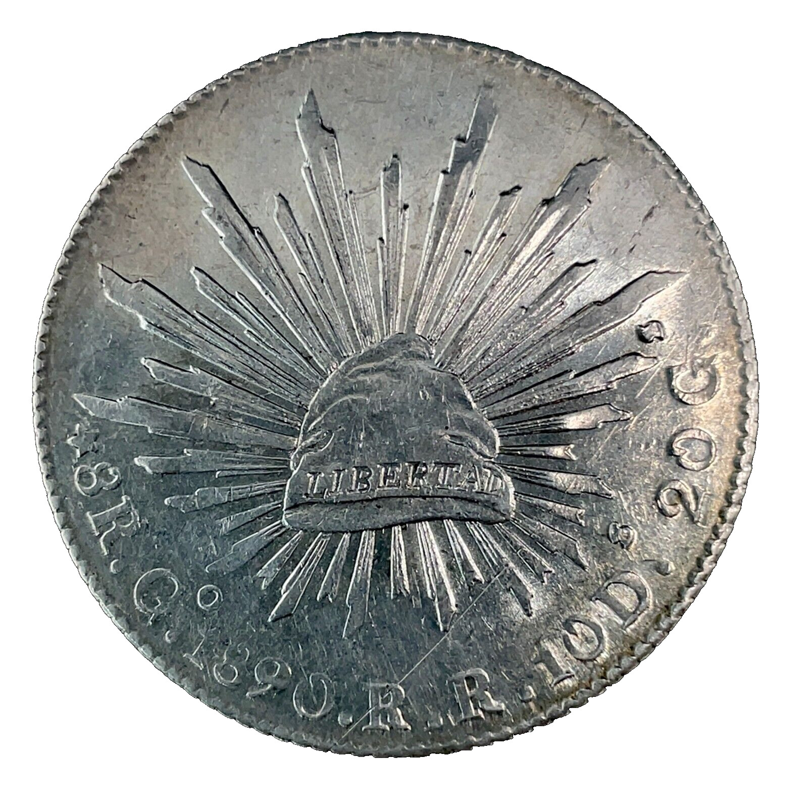 1890 Go RR Mexico 8 Reales Guanajuato Mint BU/UNC. Silver Coin KM 377.8