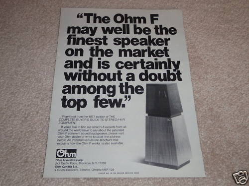 Ohm F Speaker Ad, 1977, Rare Legendary Speaker Ad, 1 Page