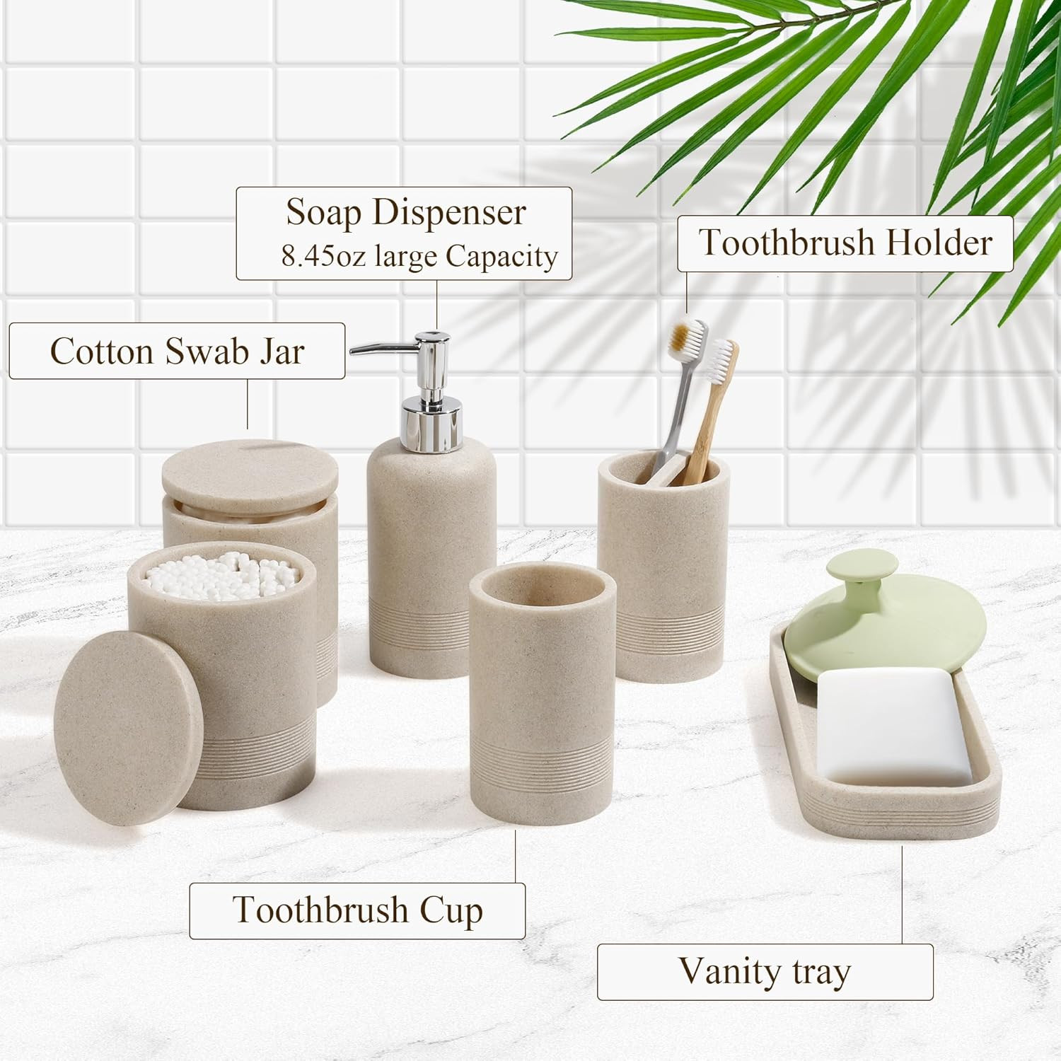 6-Piece Modern Bathroom Accessories Set in Beige - Organizer & Dispenser