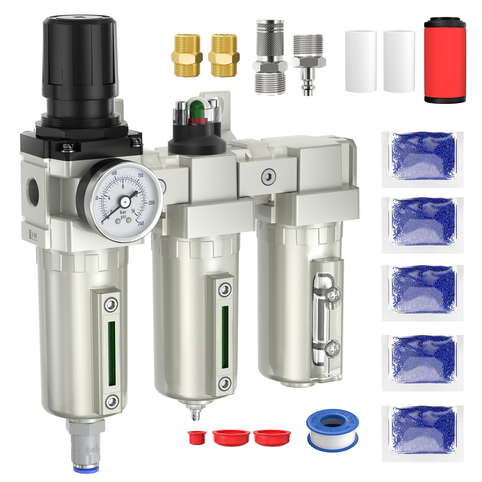 1/2" NPT Air Compressor Water Separator, Industrial Grade 3 Stage Air Drying ...