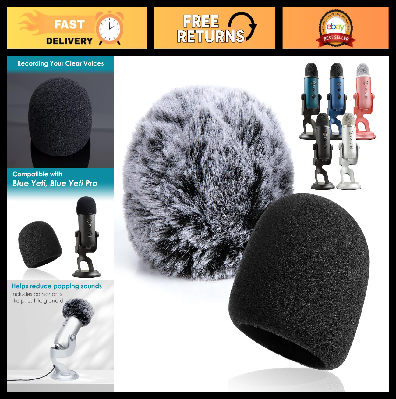 2PCS Blue Yeti Pop Filter & Foam Windscreen Mic Cover for USB Microphones