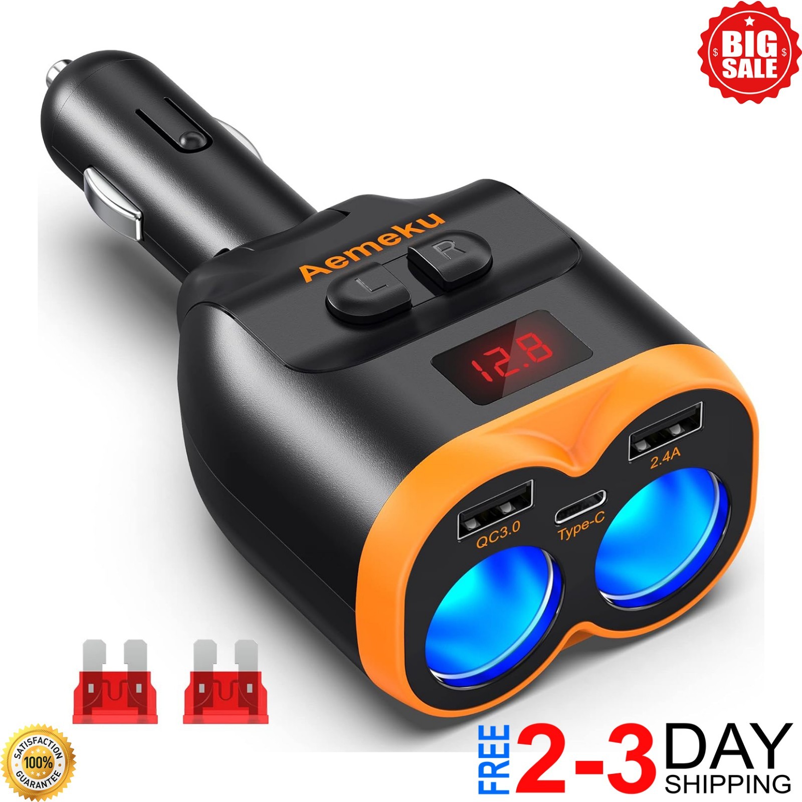 Divisor de encendedor de cigarrillo 120W, 2 puertos, carga rápida USB C 20W PD