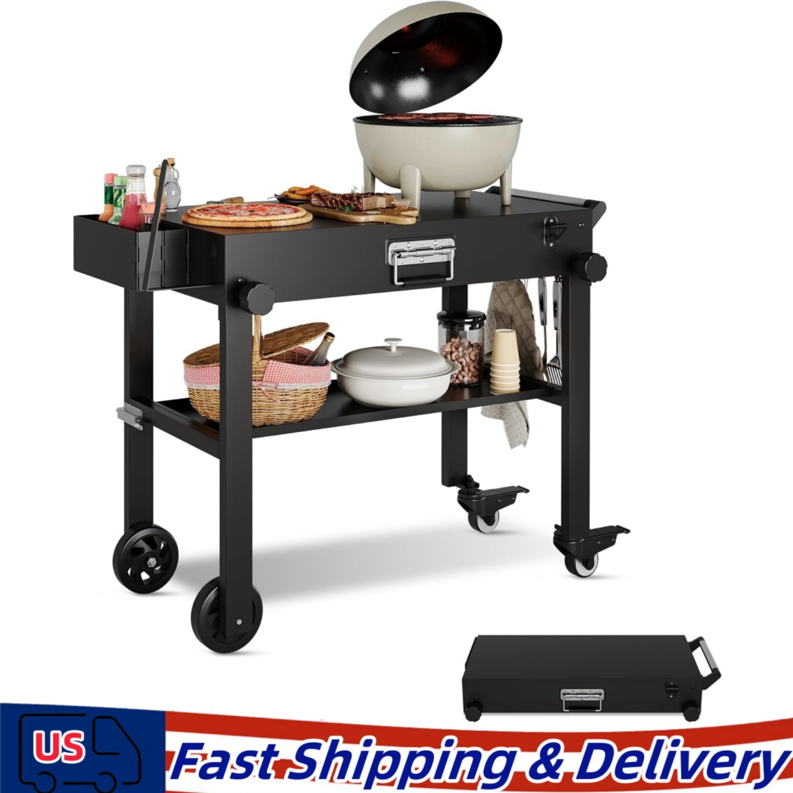 Portable Outdoor Grill Table Folding Grill Cart BBQ Prep Table w/ Wheels 300LBS