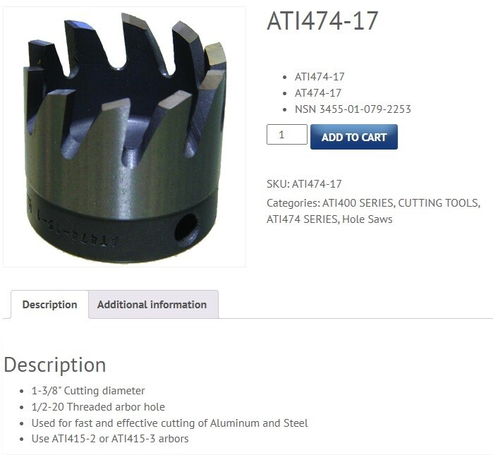 AT474-17 Aero Industrial Tool Company Spenro Hole Saw 1 Inch and 3/8 ths