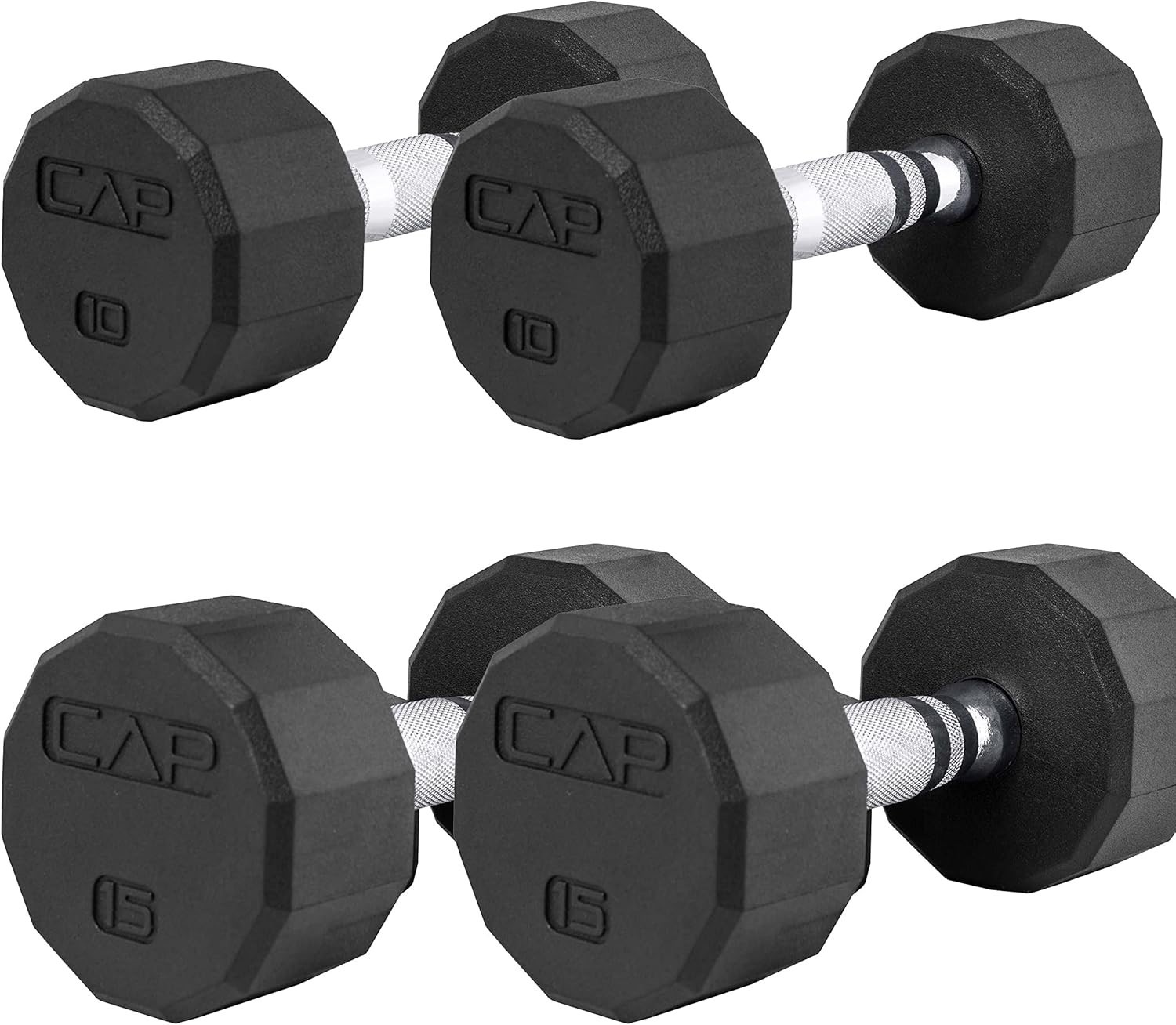 Set of 4 CAP Barbell Coated 12 Sided Dumbbells Black Handles 10LBx2, 15lbx2 NEW