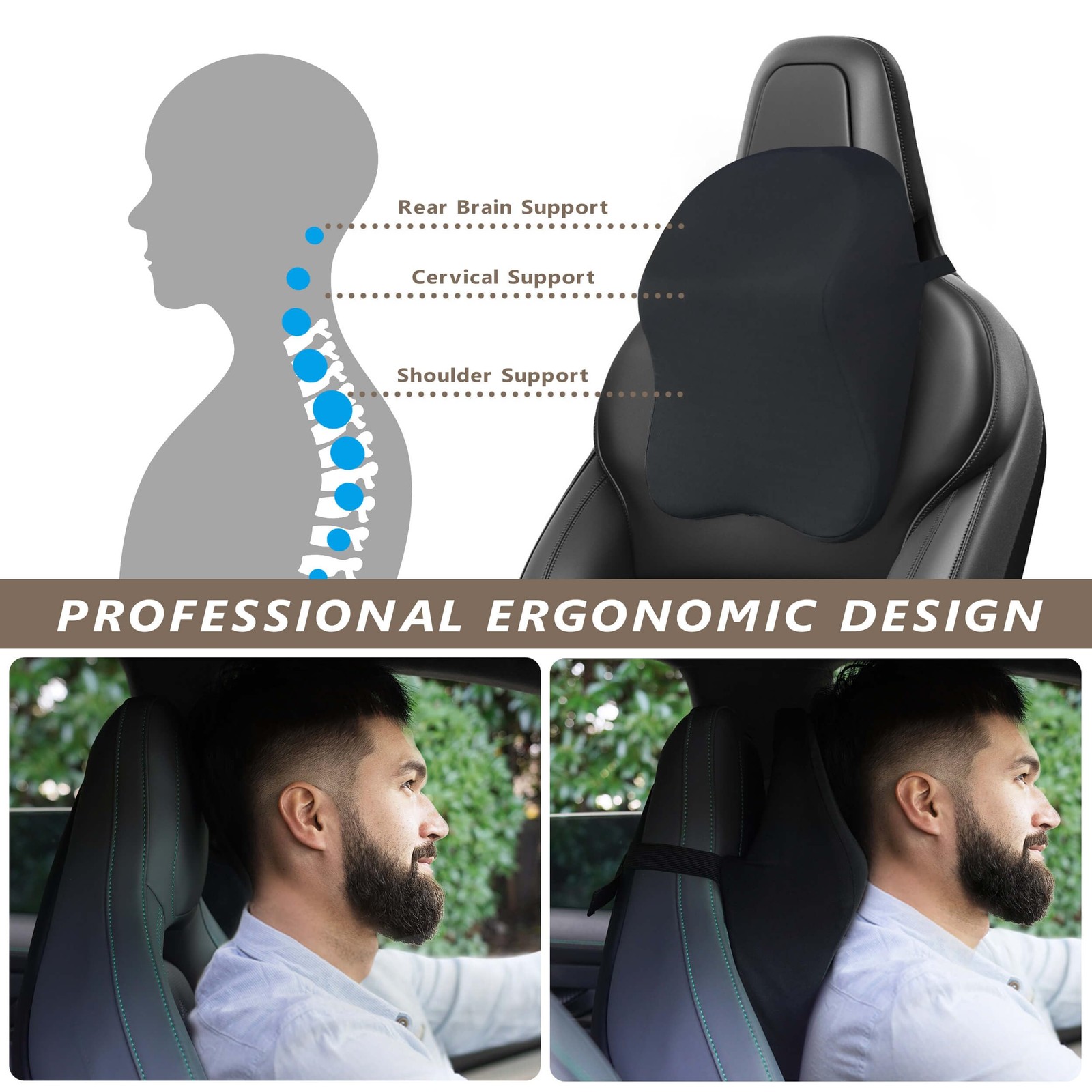 Car Headrest Pillow Memory Foam Adjustable Strap Ergonomic Neck Support Driving