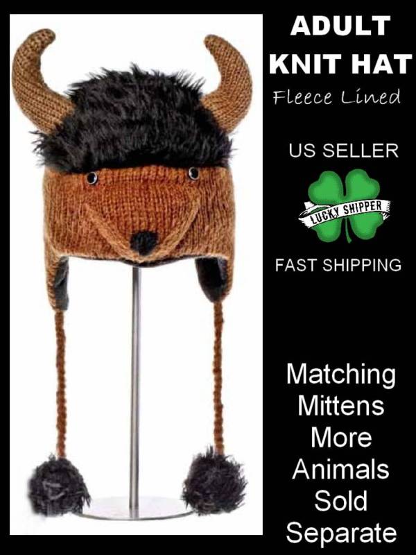 deLux BUFFALO HAT knit viking bull horn ADULT brown animal cap costume buffaloes
