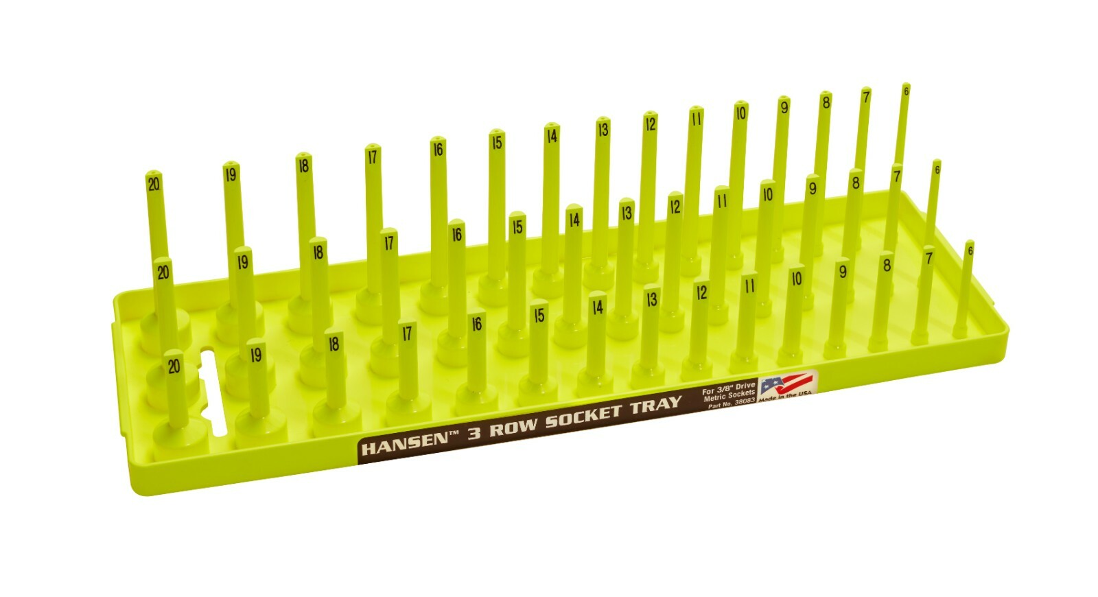 Hansen Global 38083 3/8 Dr 3-Rail Metric Socket Organizer Made in USA Yellow