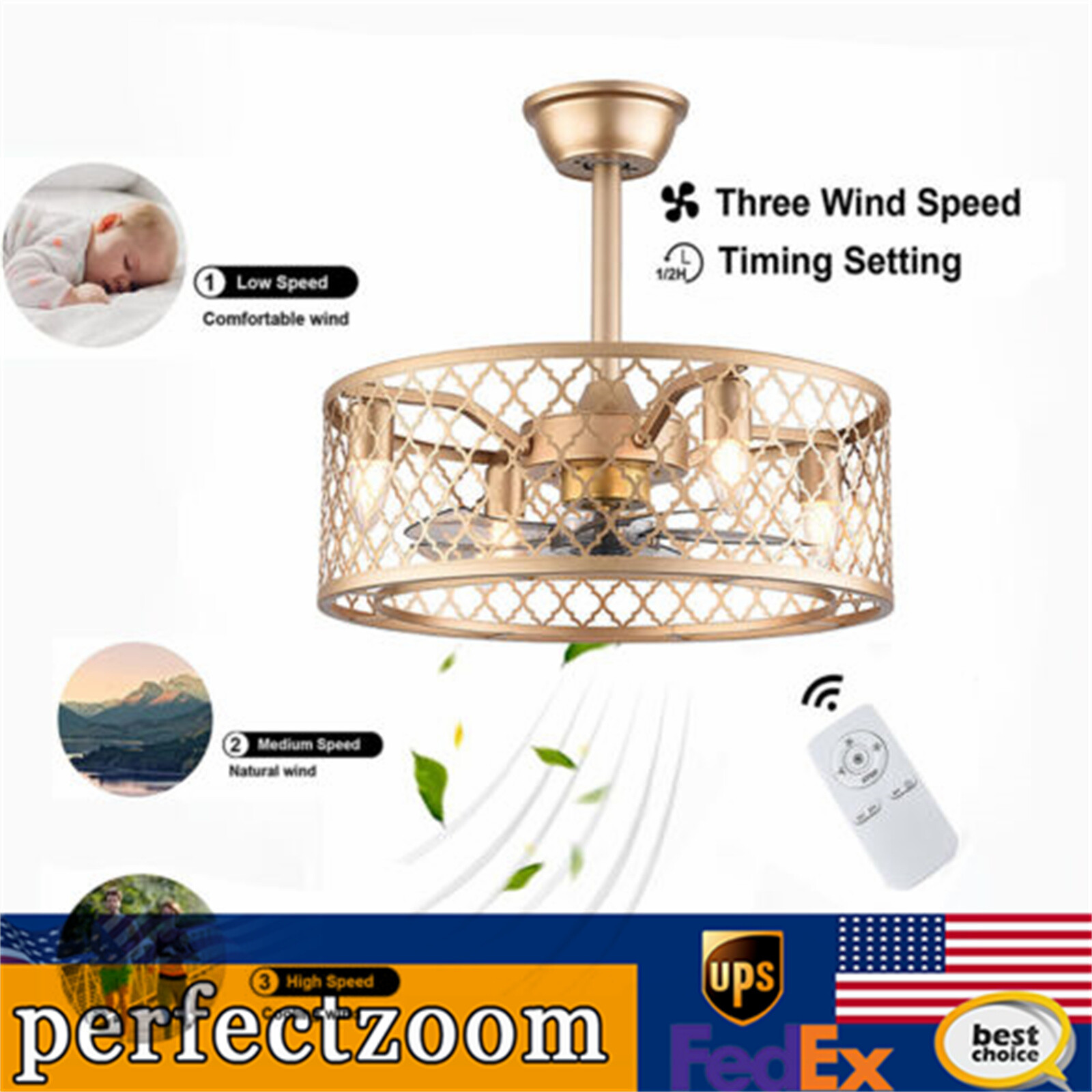 20" Industrial Ceiling Fan Light Cage Chandelier Lamp Fixture W/ Remote Bedroom