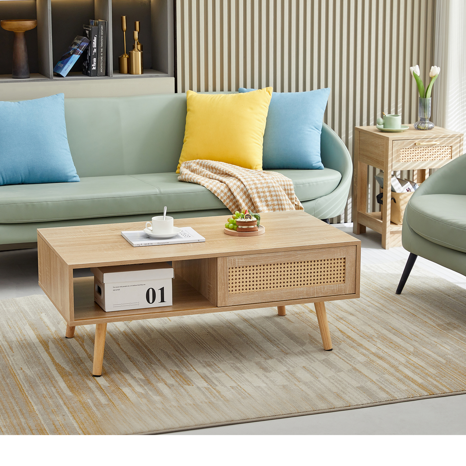 rattan coffee table with sliding doors for storage, modern living room table
