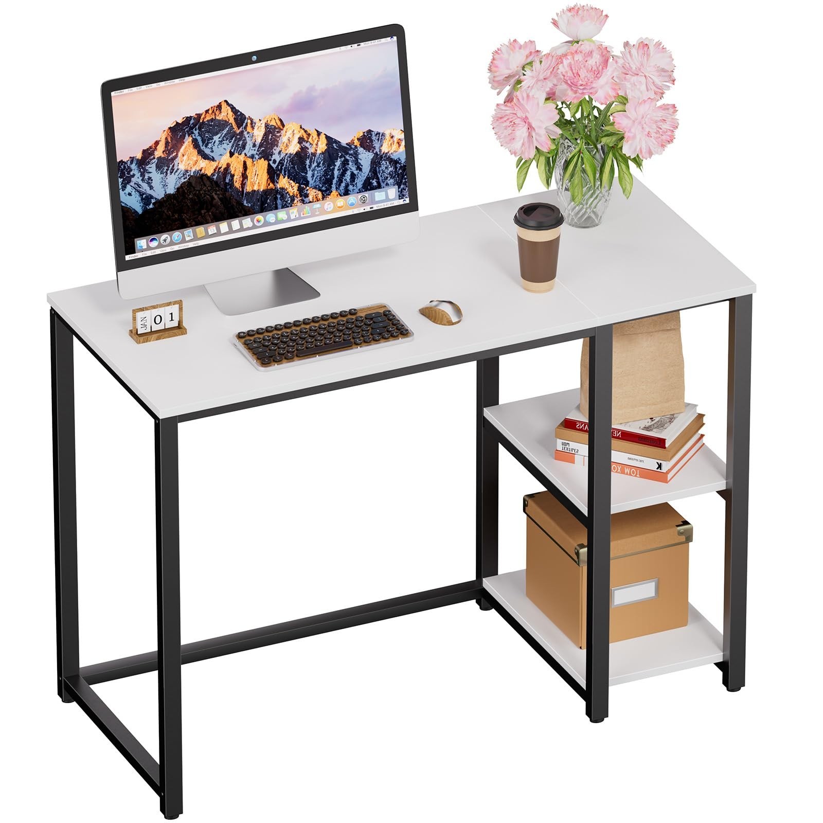 SINPAID 40IN Computer Desk with Shelves, Cream White Sturdy Small Desk for Be...