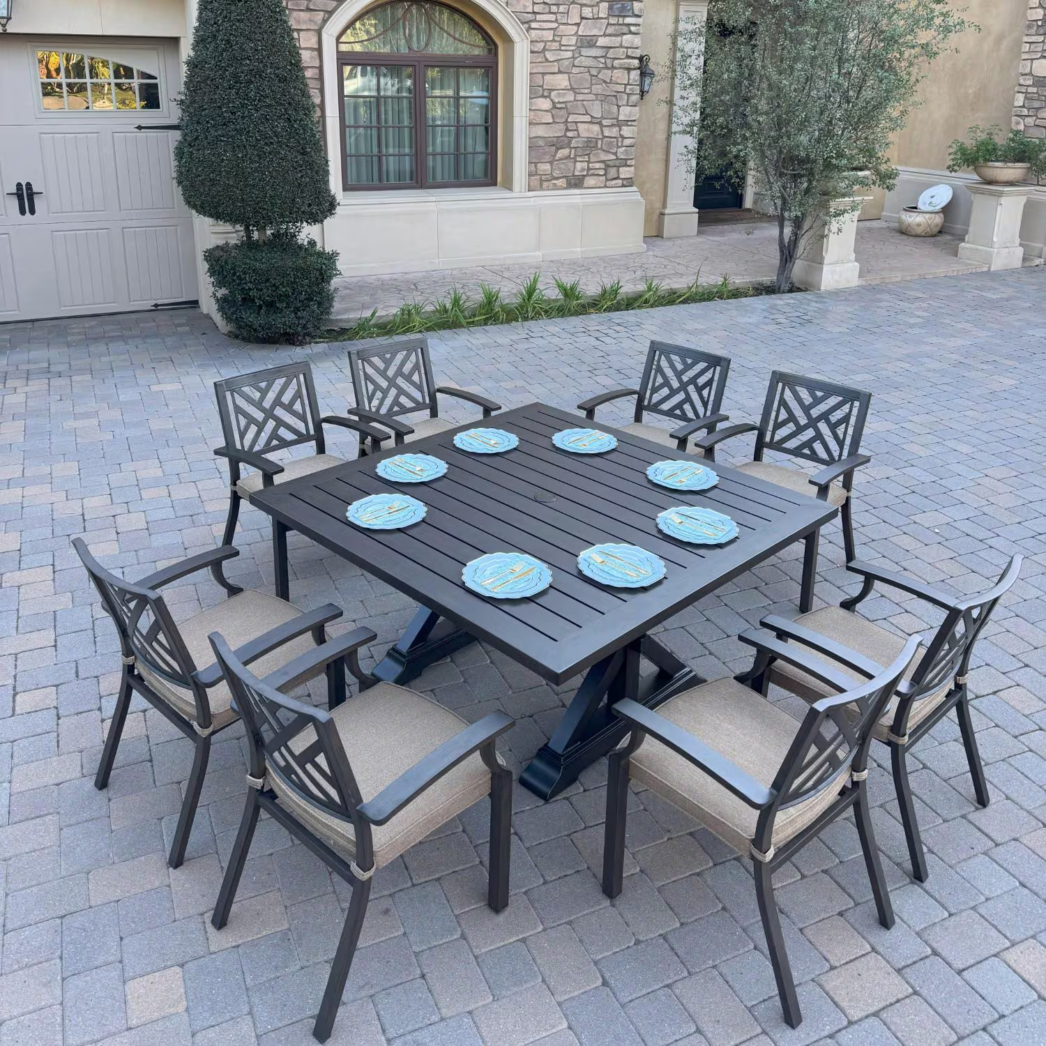 Brooklyn 9 Pc Aluminum Dining Set 59 Inch Square Table in Multi Brown by Darlee
