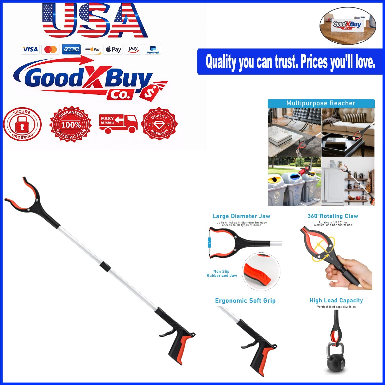 Lightweight 32-Inch Folding Reacher Grabber for Elderly, Trash Pickup, Orange