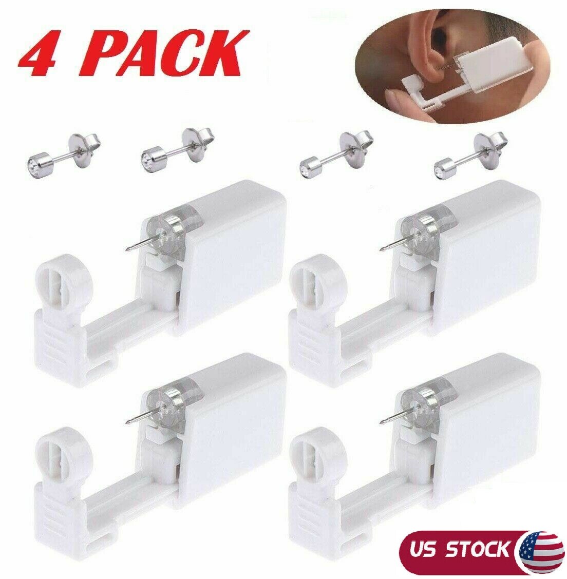 Nose Piercing Disposable Kit Silver Stud Earring Gun DIY Home Self Ear US-4 Pack