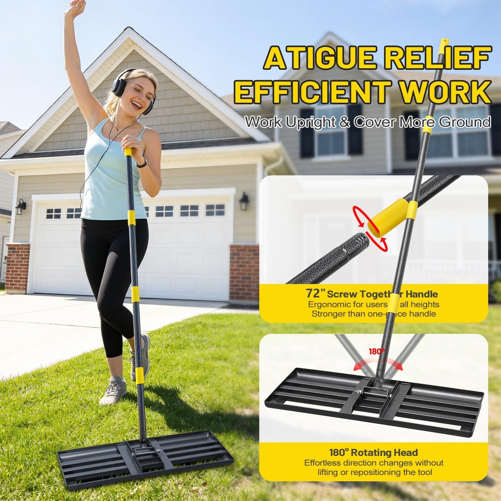 Lawn Leveling Rake with 72" Adjustable Handle for Grass, Soil & Golf Fields