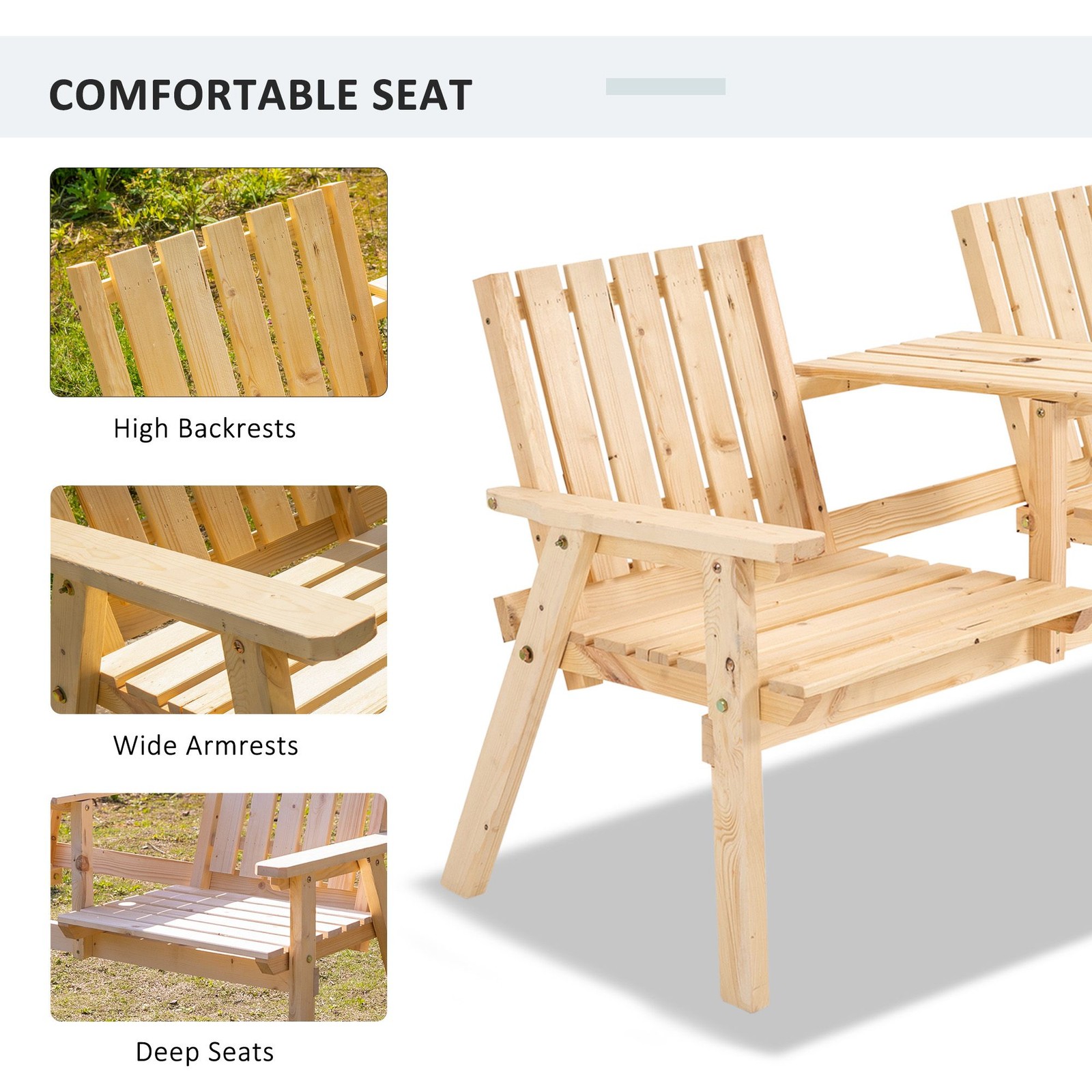 Natural Fir Patio Loveseat with Slatted Seating & 1.75" Umbrella Hole