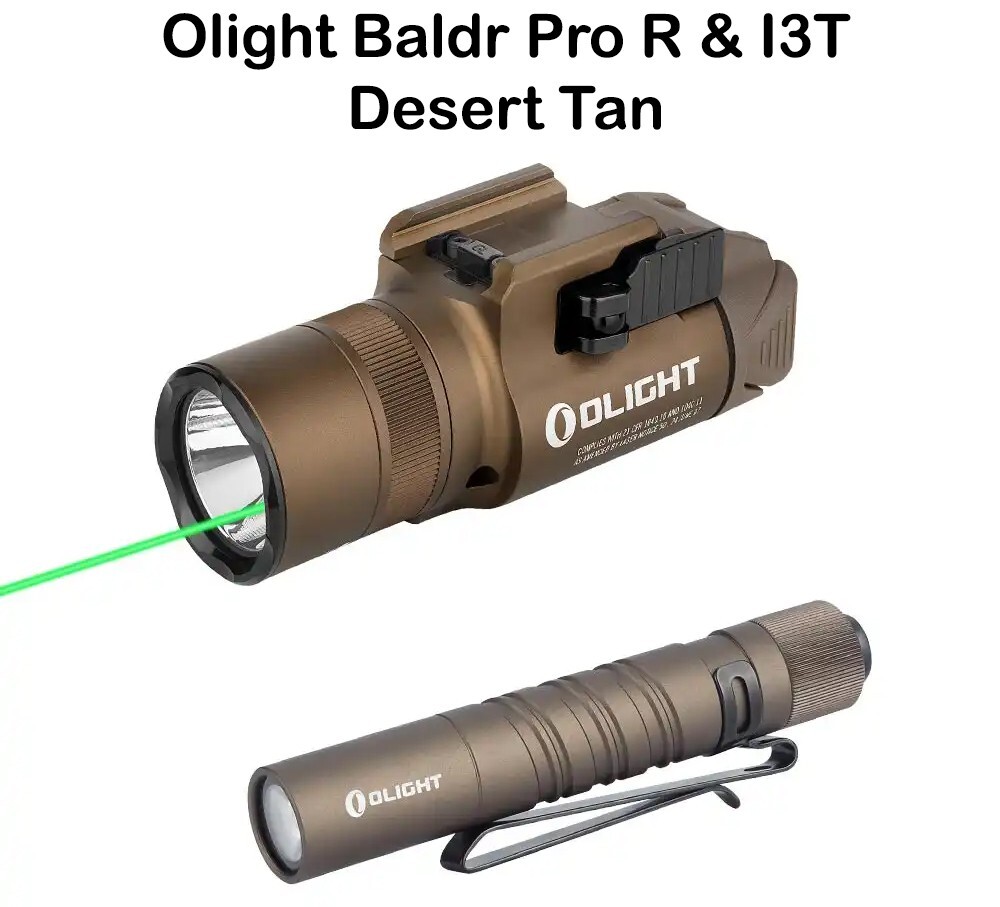 Olight Baldr Pro R Desert Tan Rechargeable Light & I3T Desert Tan Light, 1350 Lu