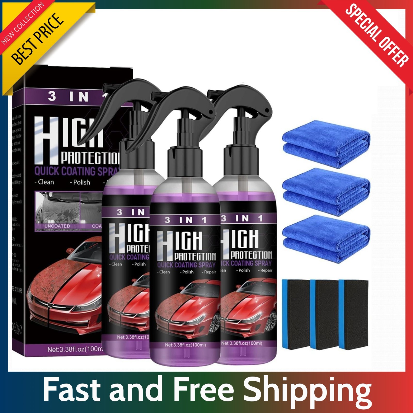 3 Pack Car Ceramic Coating Spray 3 in 1 High Protection Quick Shine Protector...