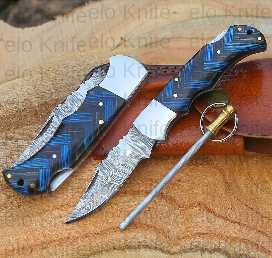 Damascus Pocket Knife Handmade Pocket knife Blue Wood Handle W/ Pouch (25-Pcs)