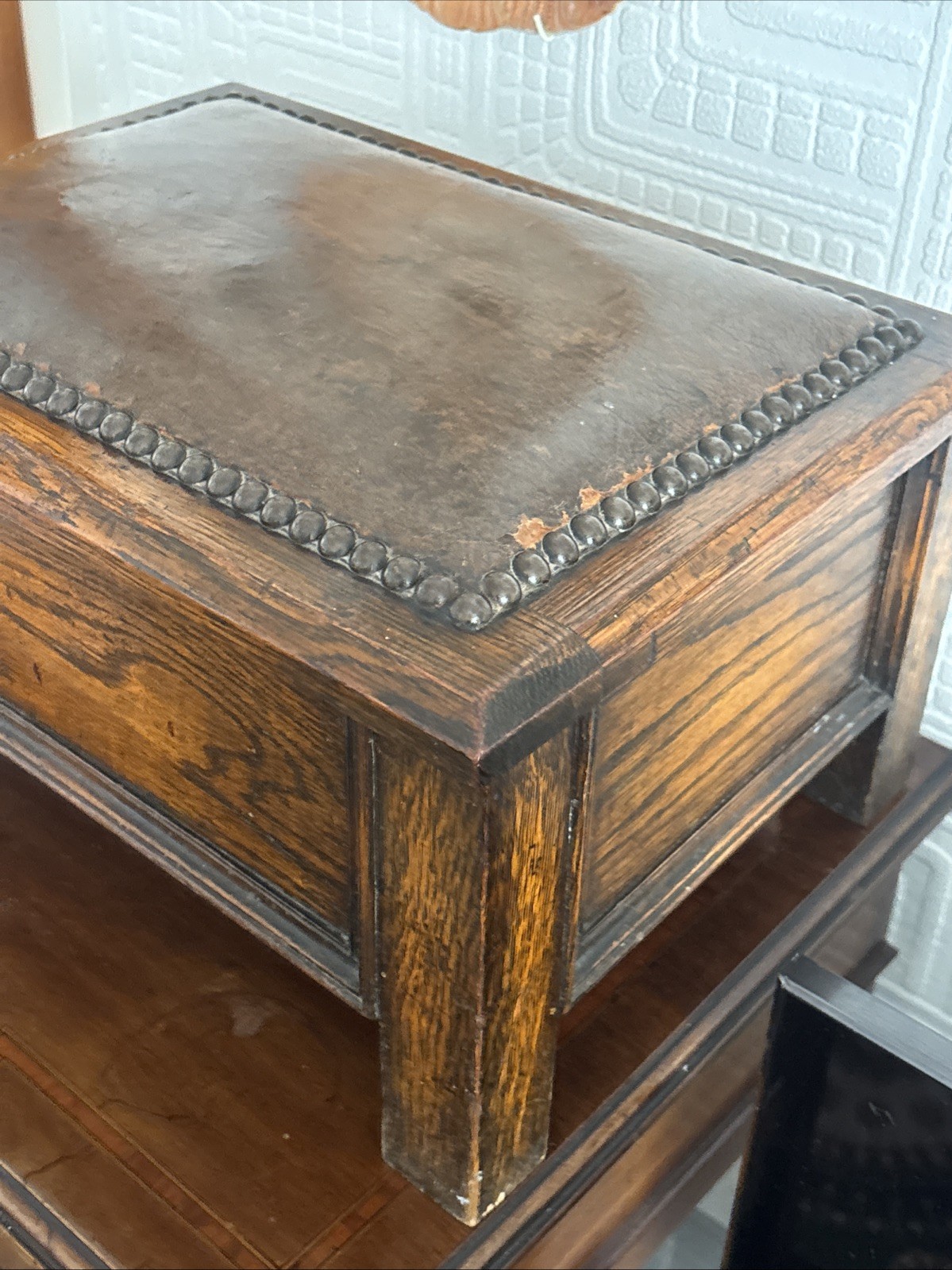 Lovely Antique Oak Storage Footstool With Leather Top