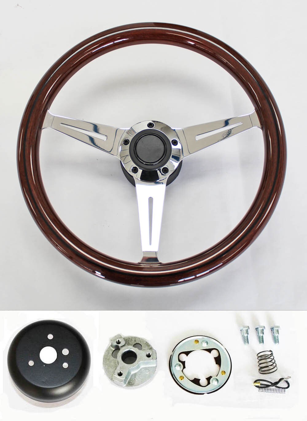 70-77 Mustang Maverick Torino 15" Mahogany Wood Steering Wheel Black Line Grip