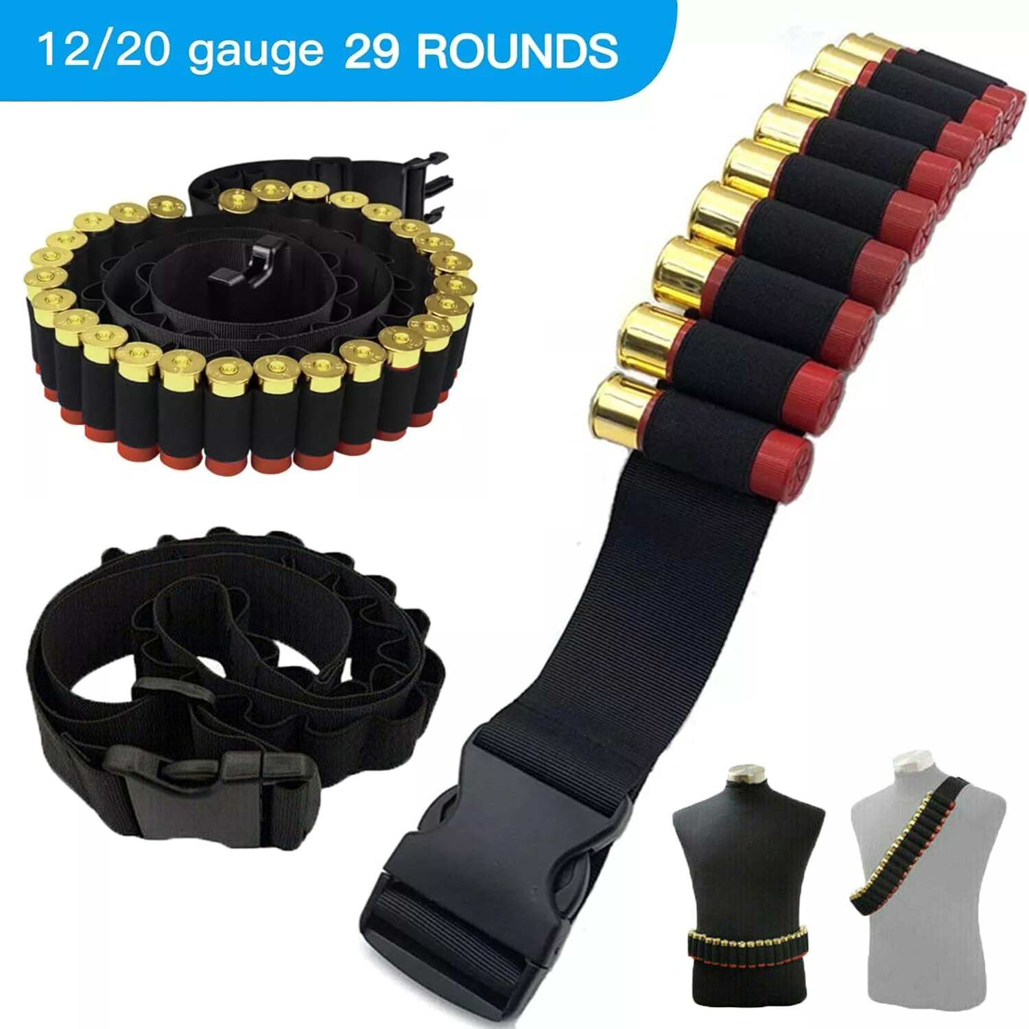 Tactical 29 Rounds Shotgun Shells Belt Shotgun Holder Strap for 12 or 20 Gauge