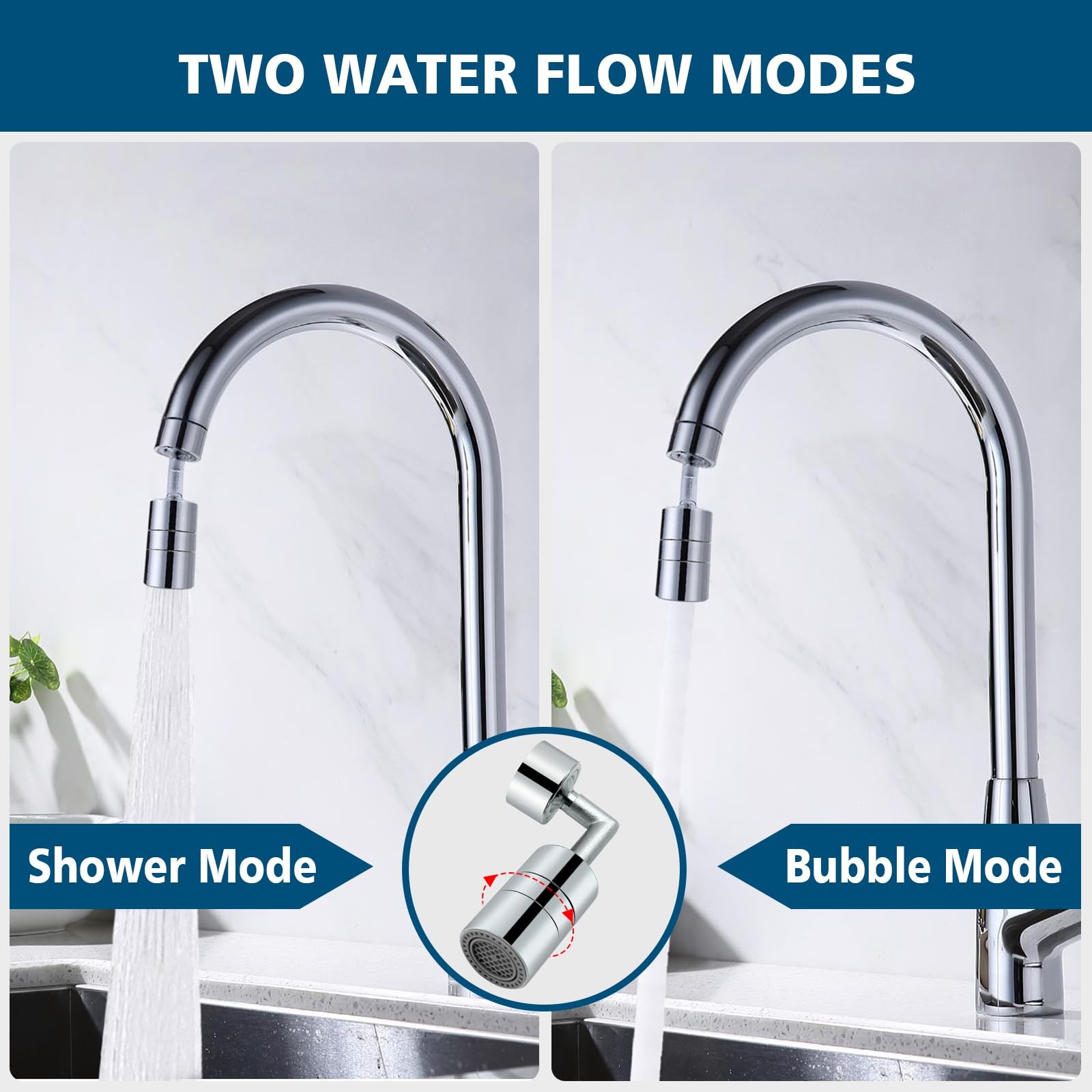 720° Rotating Water Controller 2-Flow Sink Attachment 55/64" Chrome Extender