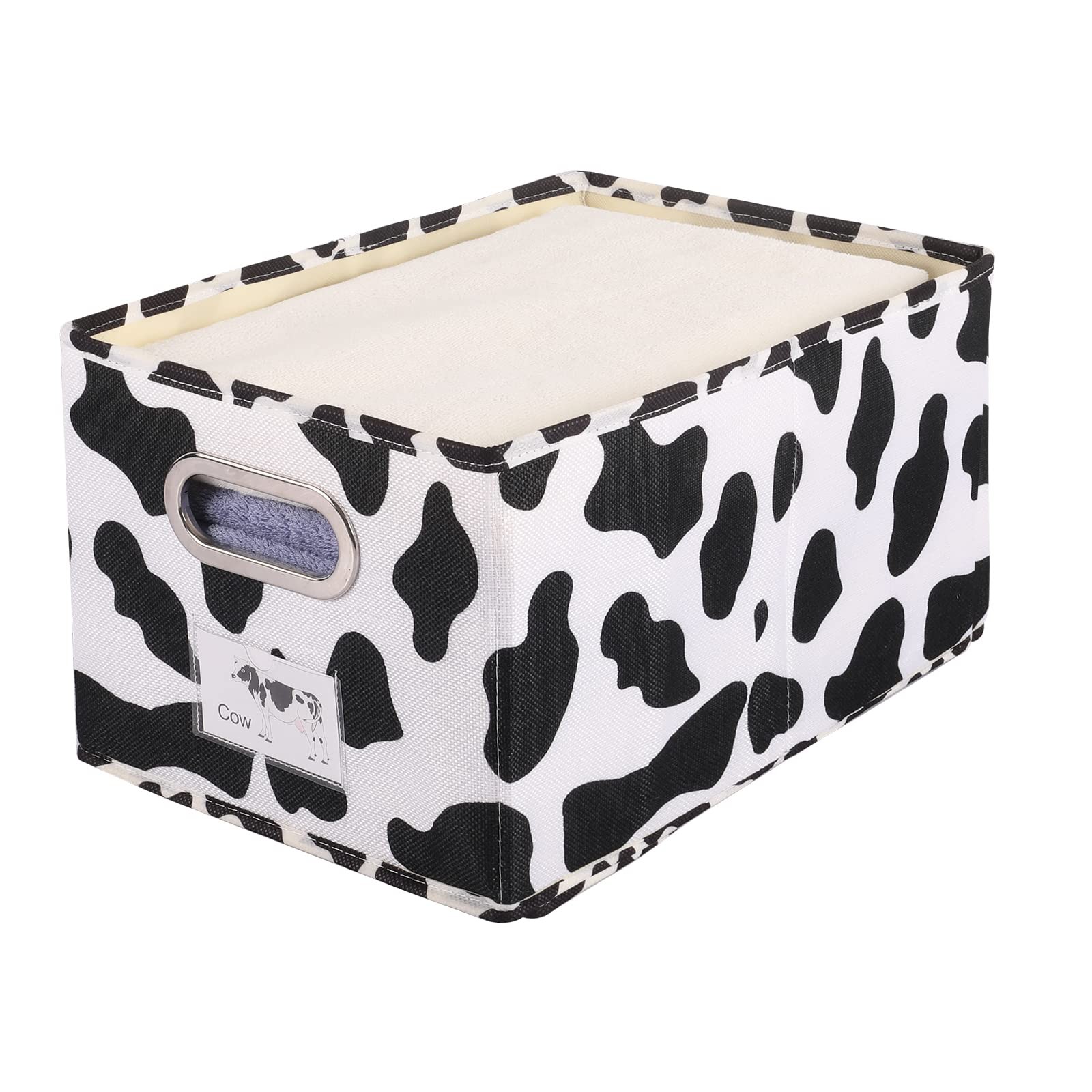 ANMINY Fabric Storage Bin Cow Print Cotton Linen Foldable Open Storage Basket Bo