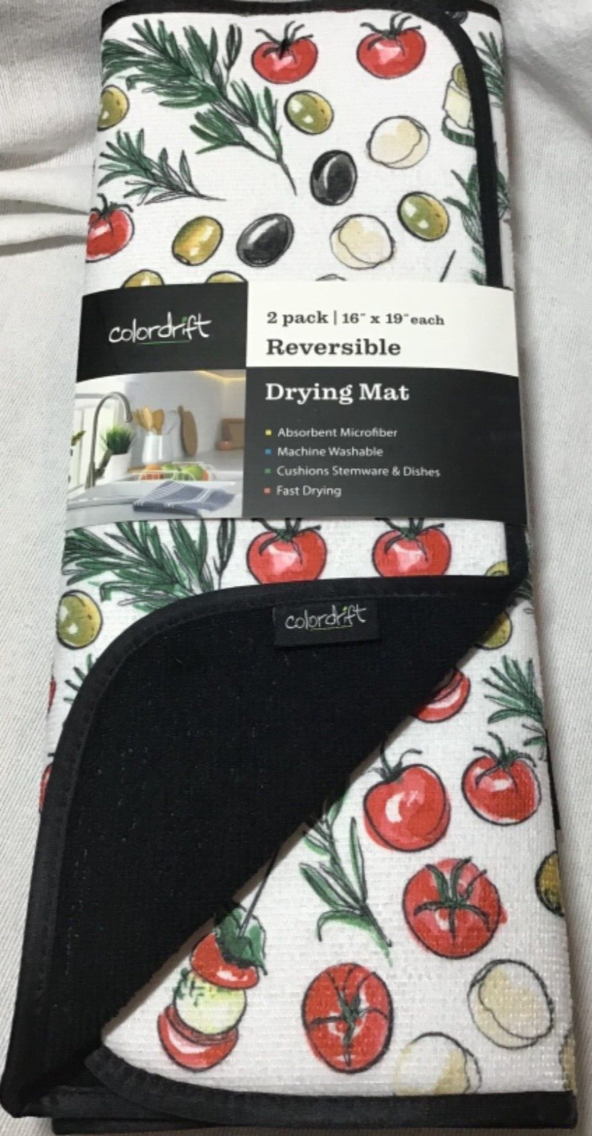 COLORDRIFT REVERSIBLE DRYING MATS (2) OLIVES TOMATOES  16 X 19 MICROFIBER NIP