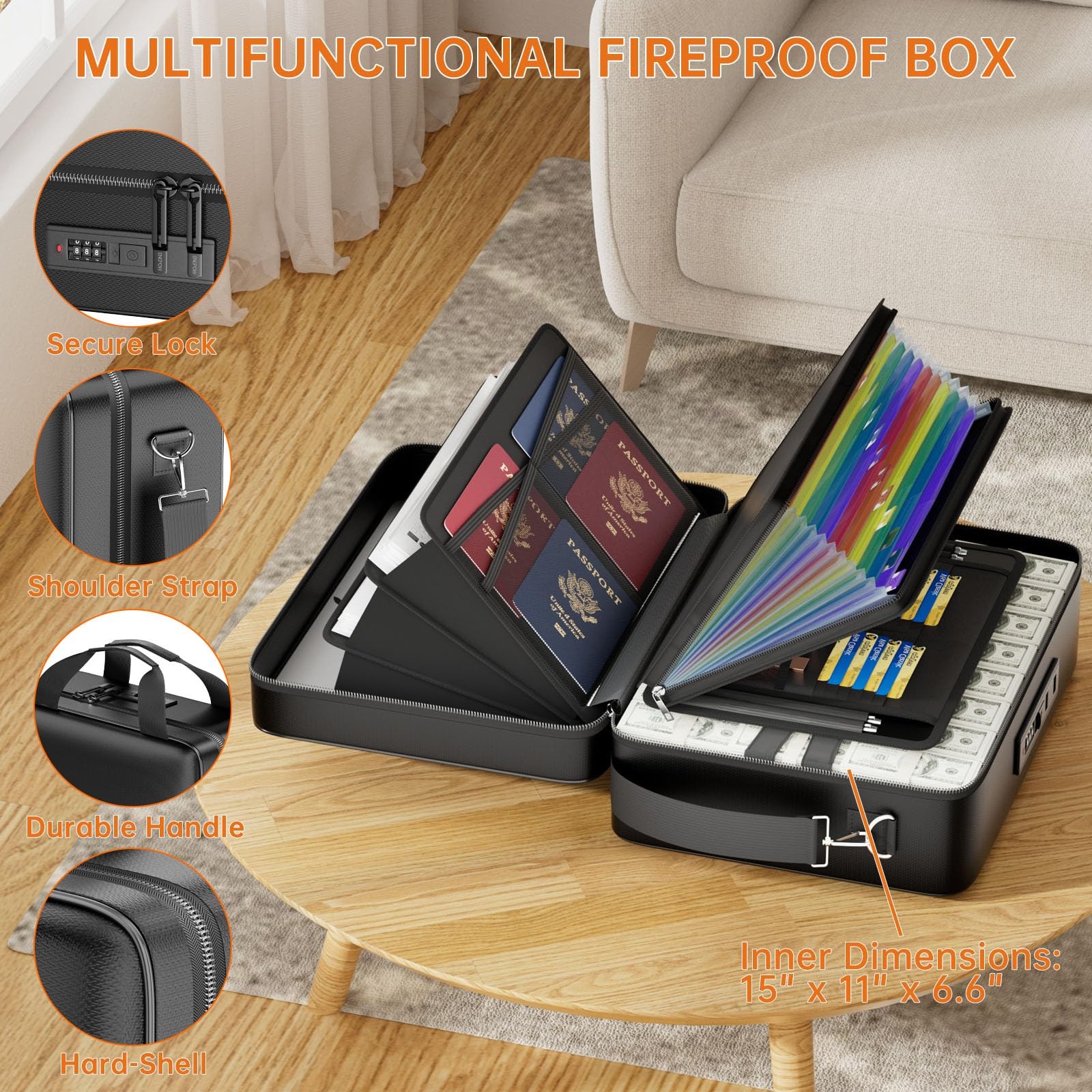 ENGPOW Fireproof Document Box with Lock, 15.7 x 11.8 x 6.8 inches, Black