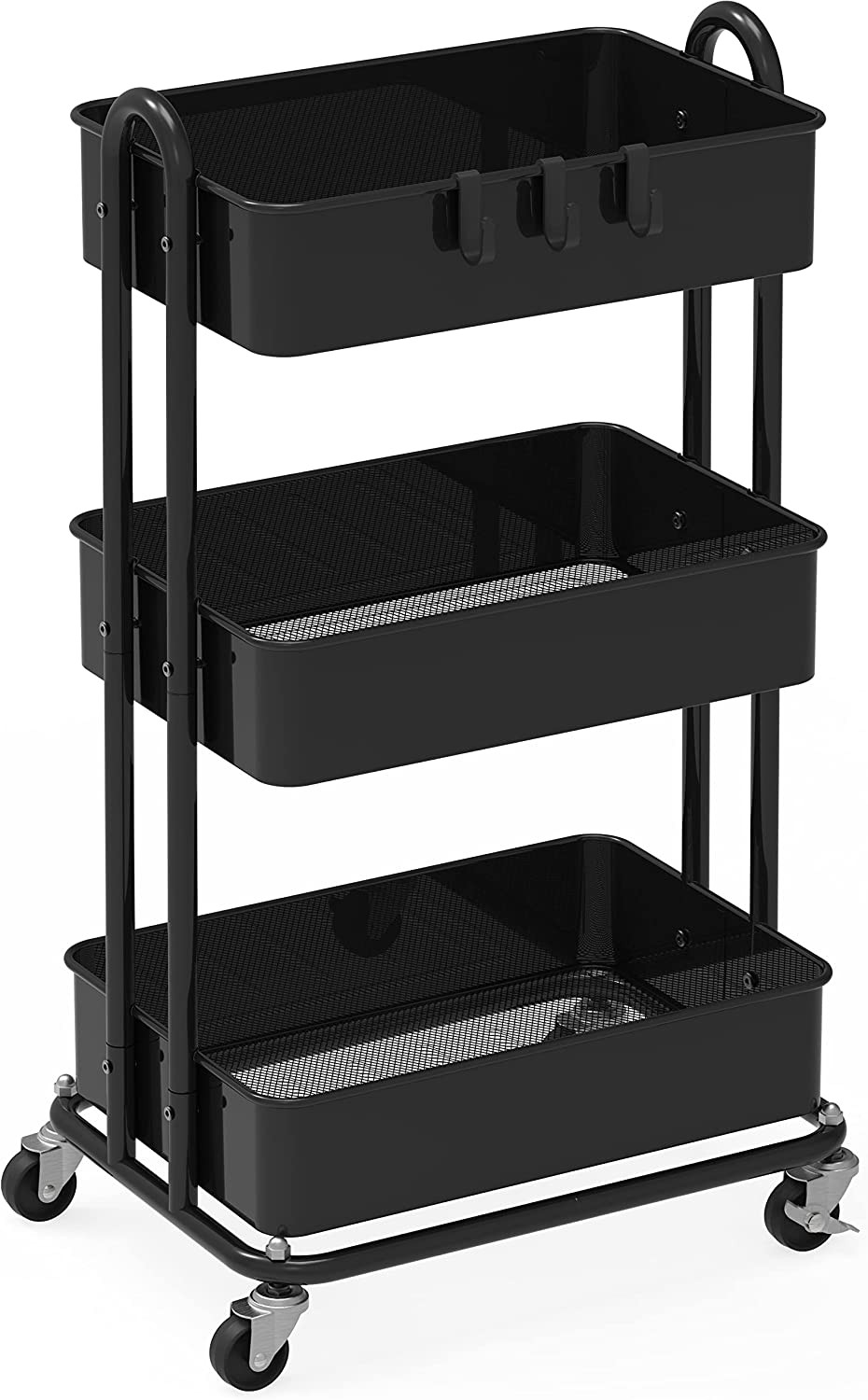3-Tier Rolling Metal Utility Cart with Locking Wheels Storage Organizer Black