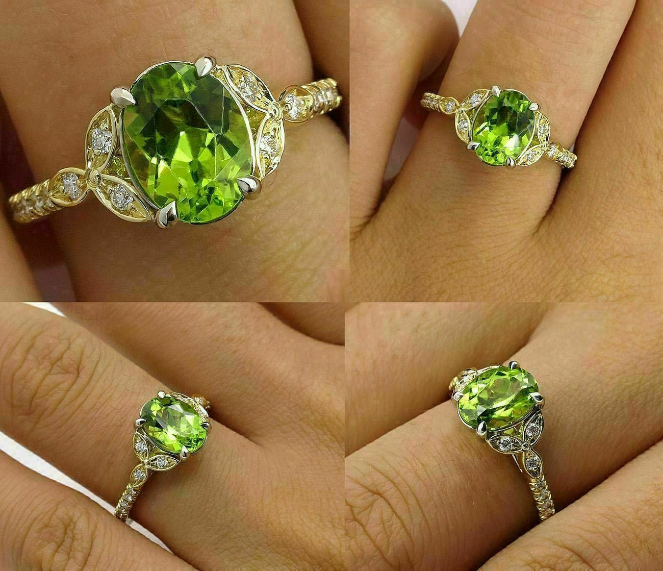 1.50Ct Oval Cut Peridot & Diamond Engagement  Ring 14k Yellow Gold Over