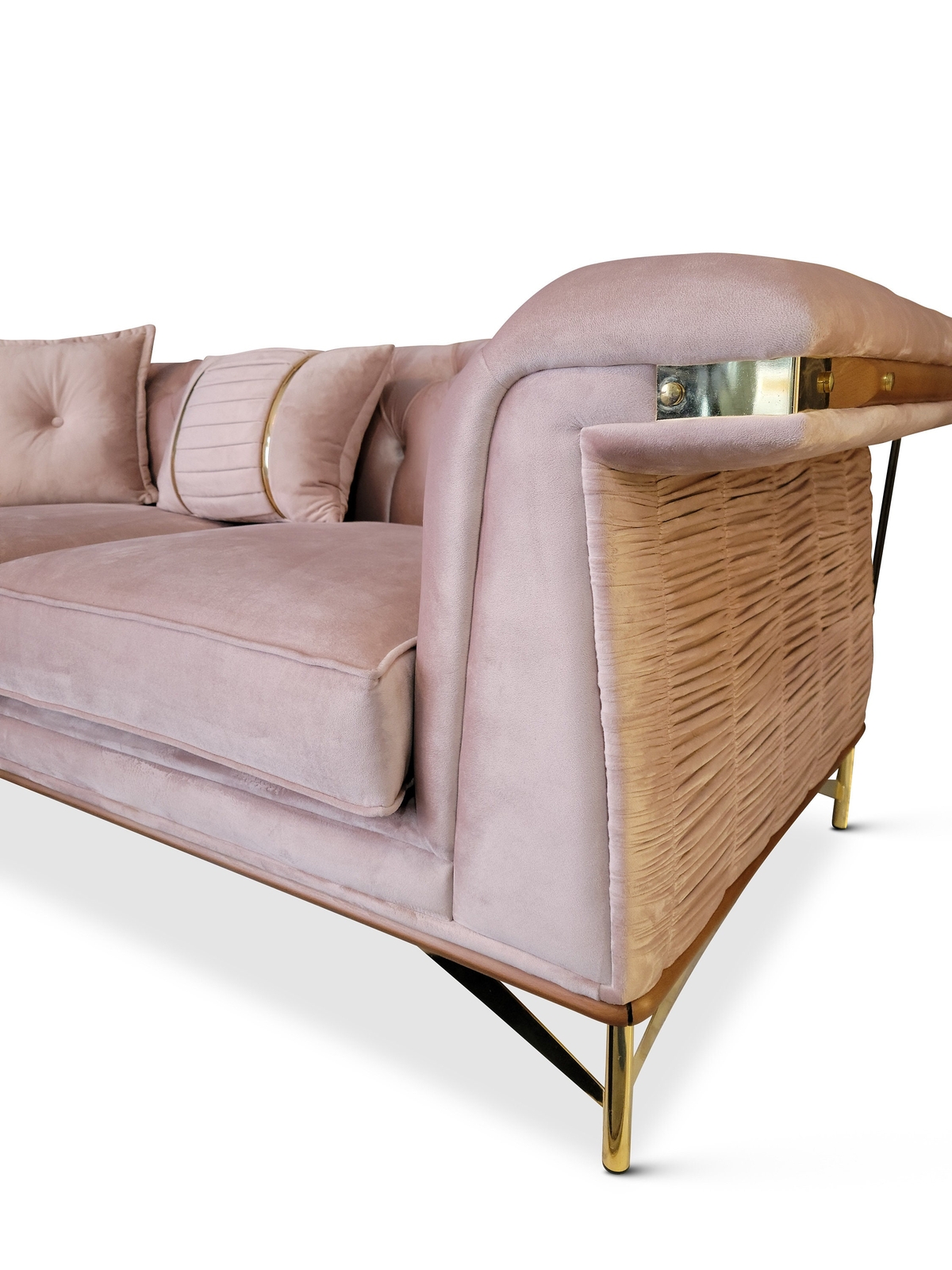 Un azalée, 87'' Rolled Arm Sofa, Light Rose Velvet, Wood Trim, Golden Metal