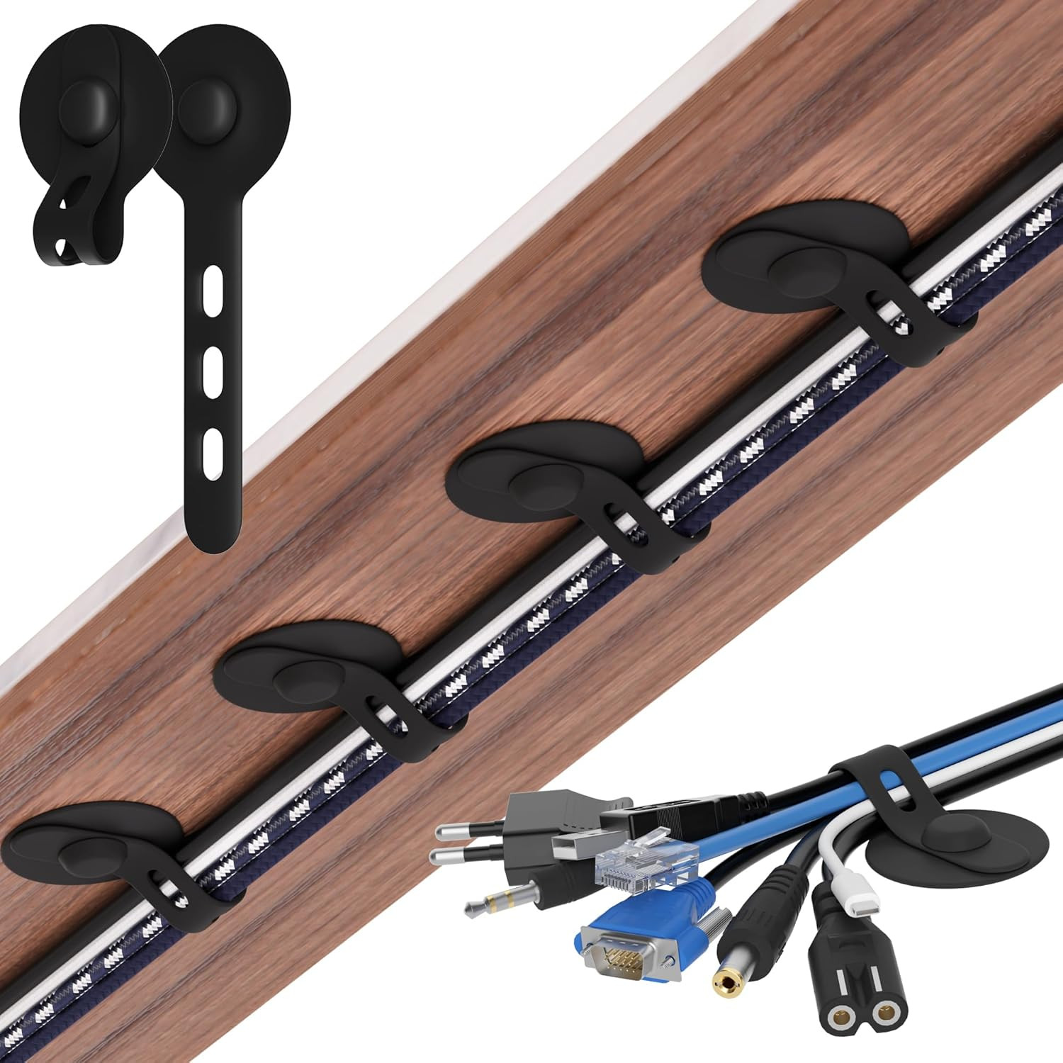 Cable Management under Desk, Adjustable Self-Adhesive Silicone Cable Ties Cord O