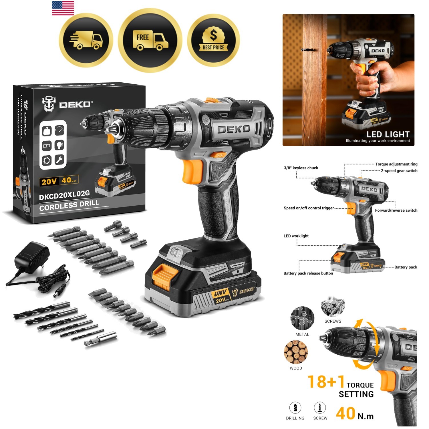 Power Drill Cordless: Cordless Drill 20V Electric Power Drills Set Tool Drill...