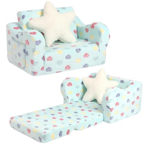 Toddler Couch, 2-in-1 Kids Soft Couch Fold Out with Star Pillow, Medium Lake