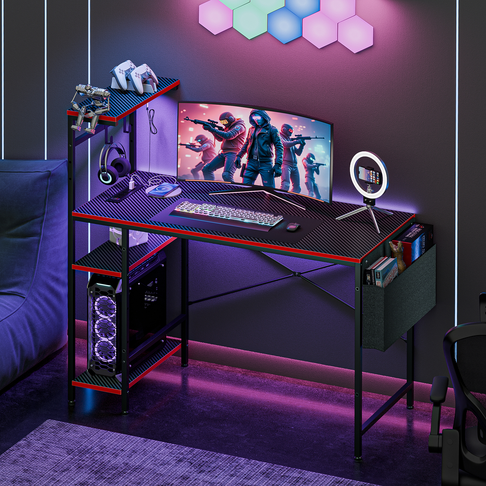 44" Computer Desk Rectangular Gaming Desk with LED Lights & Power Outlets Black