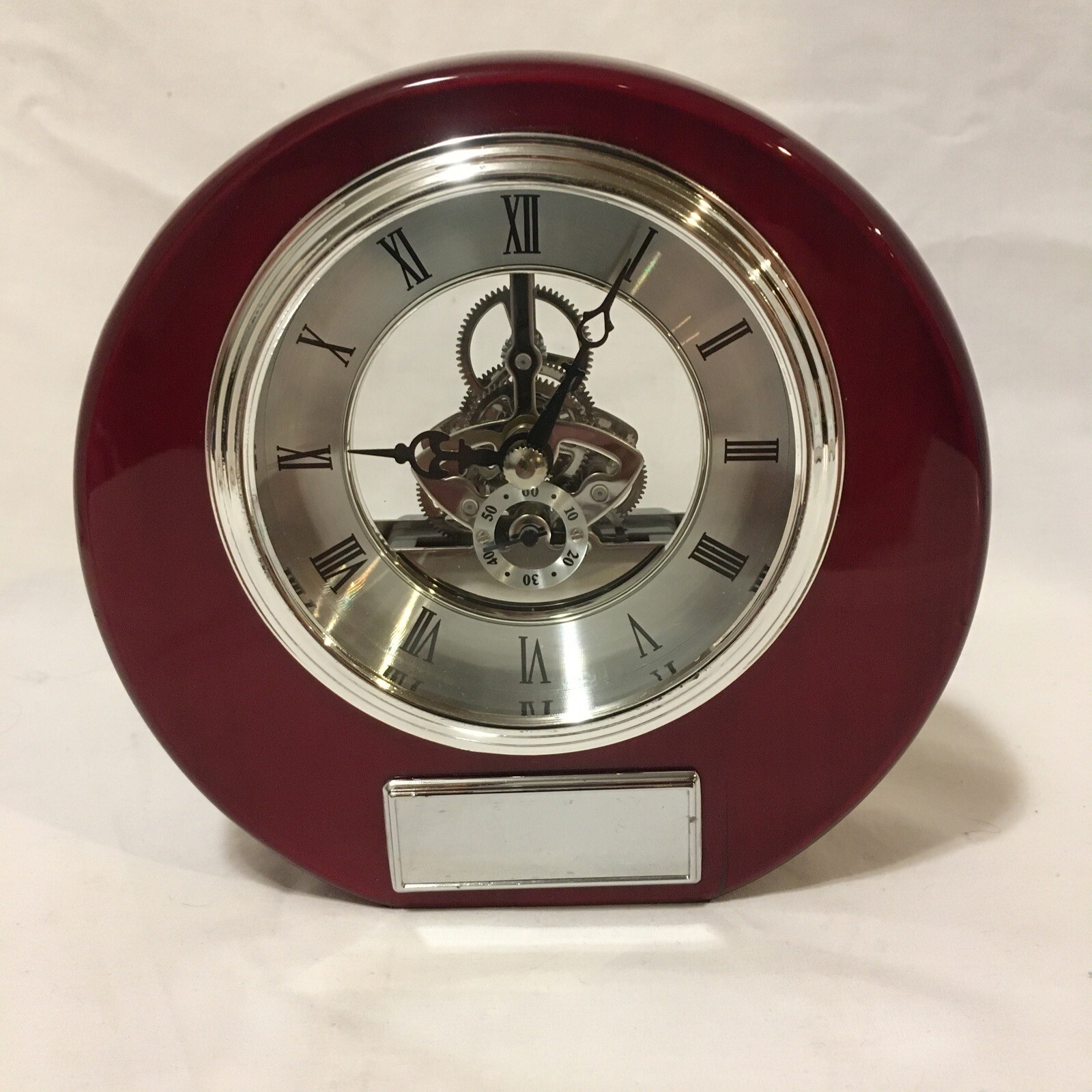Executive Engraved Silver Gear Da Vinci Marquee Style Dark Cherry Desk Clock