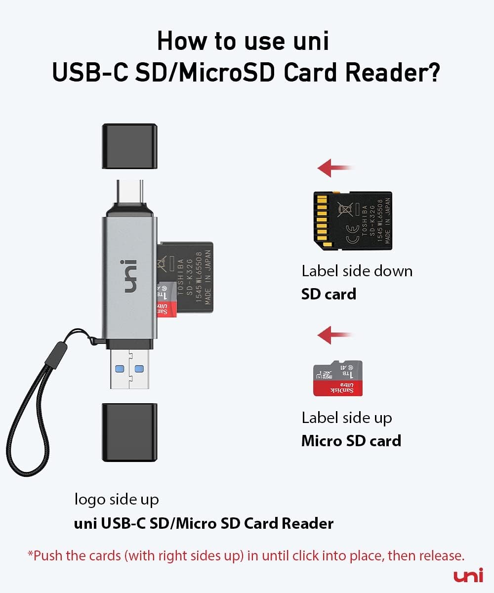 uni USB-C SD Card Reader Dual Slot Micro SD Adapter USB 3.0 Mac Chromebook