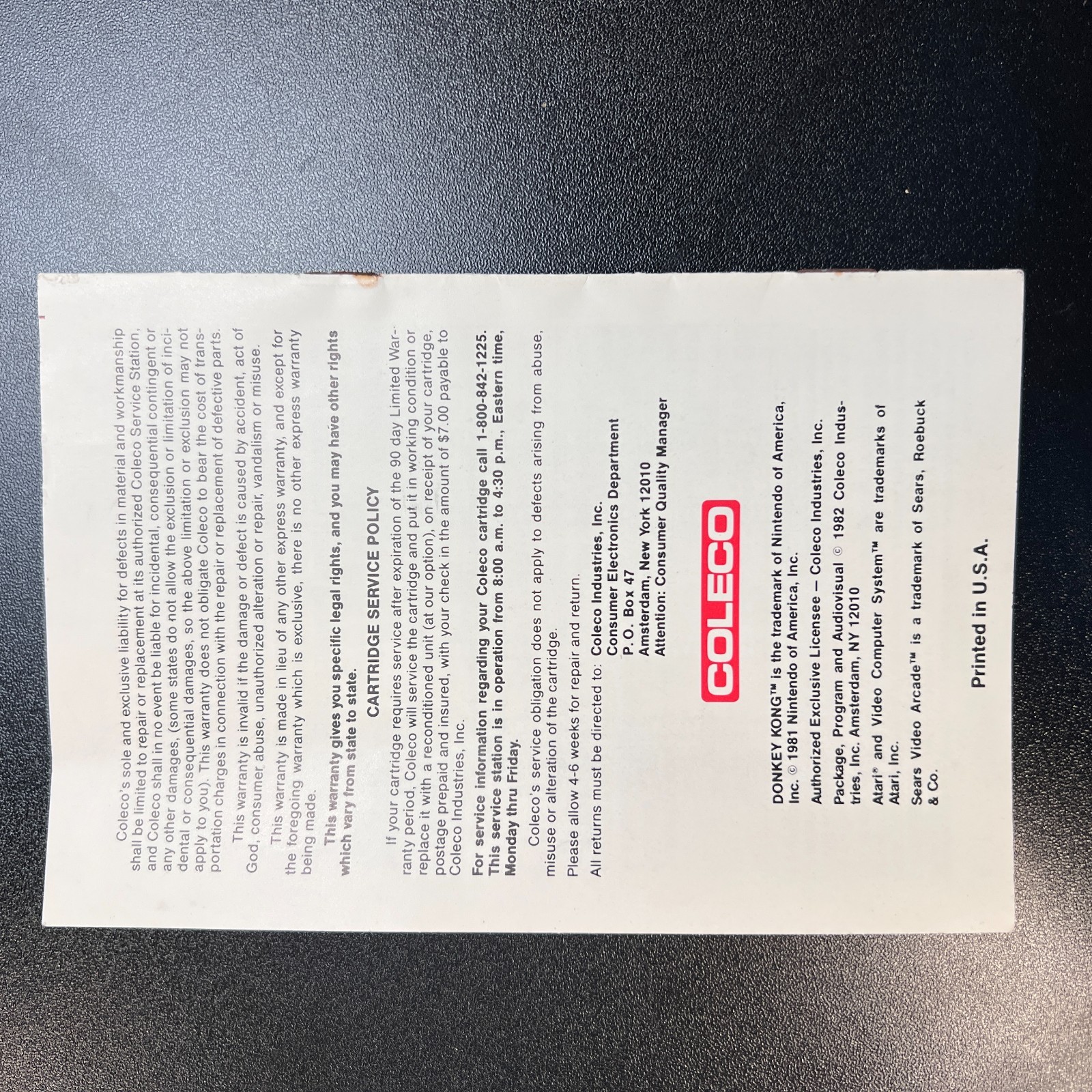 Donkey Kong Atari 2600 Manual Only - Coleco Guide 78270 - Original Instructions
