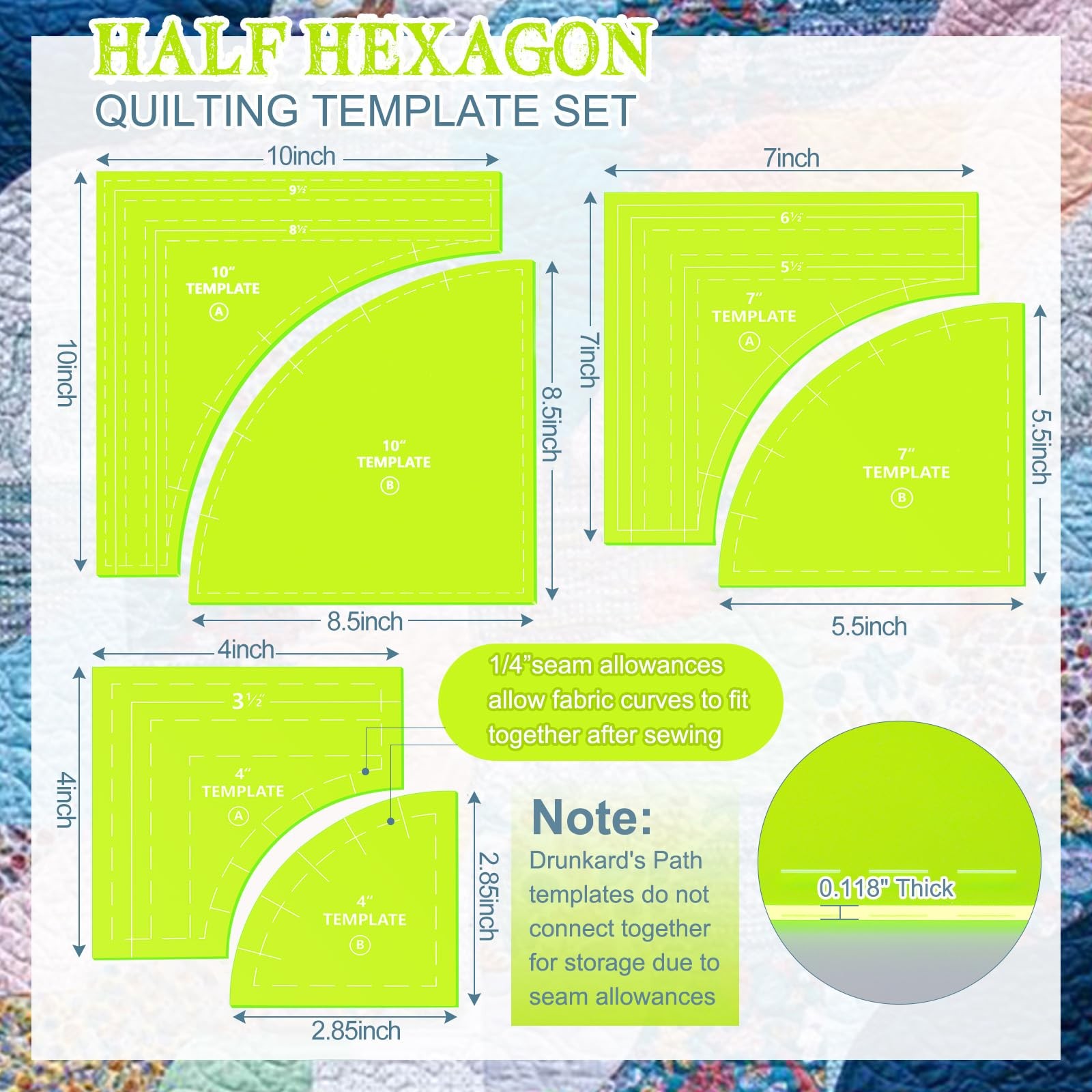 3 PCS Drunkards Path Quilting Template Ruler Set Green 10/7/4 Inch