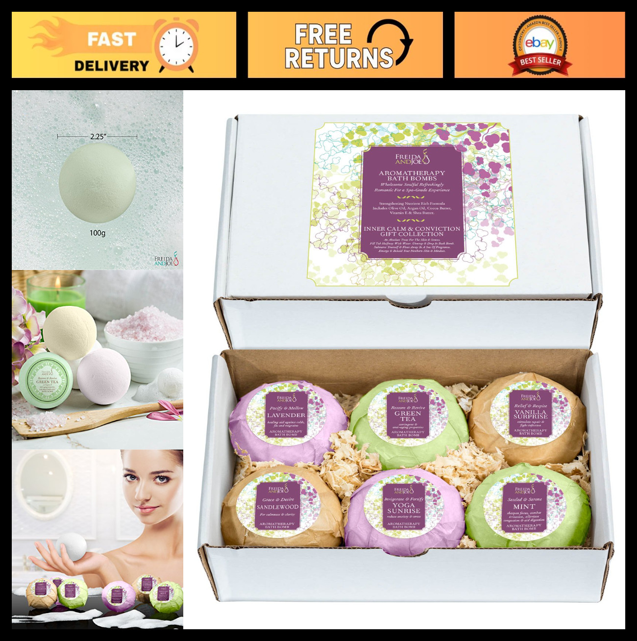 Deluxe Aromatherapy Bath Bombs Set - 6 Relaxing 100g Scents for Deep Relaxation,